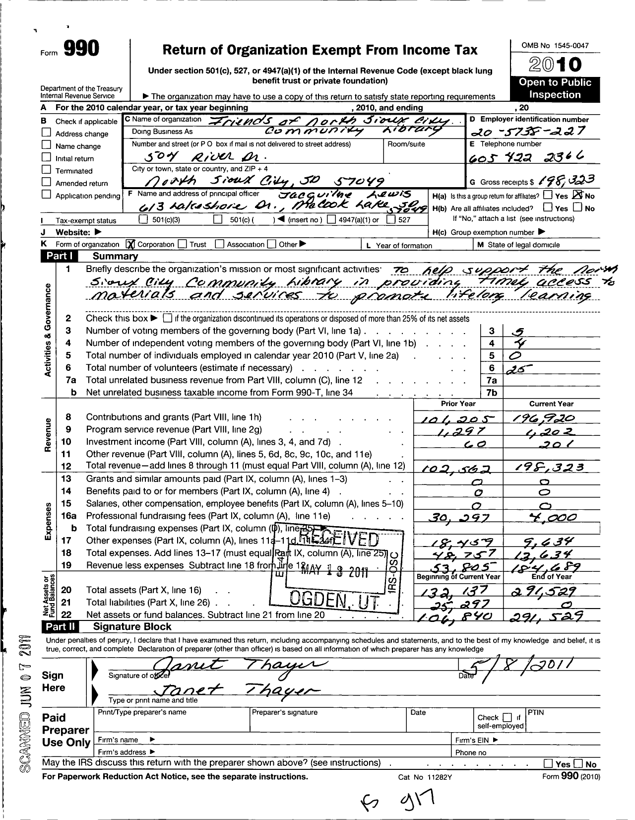 Image of first page of 2010 Form 990O for Friends of North Sioux Citycommunity Library