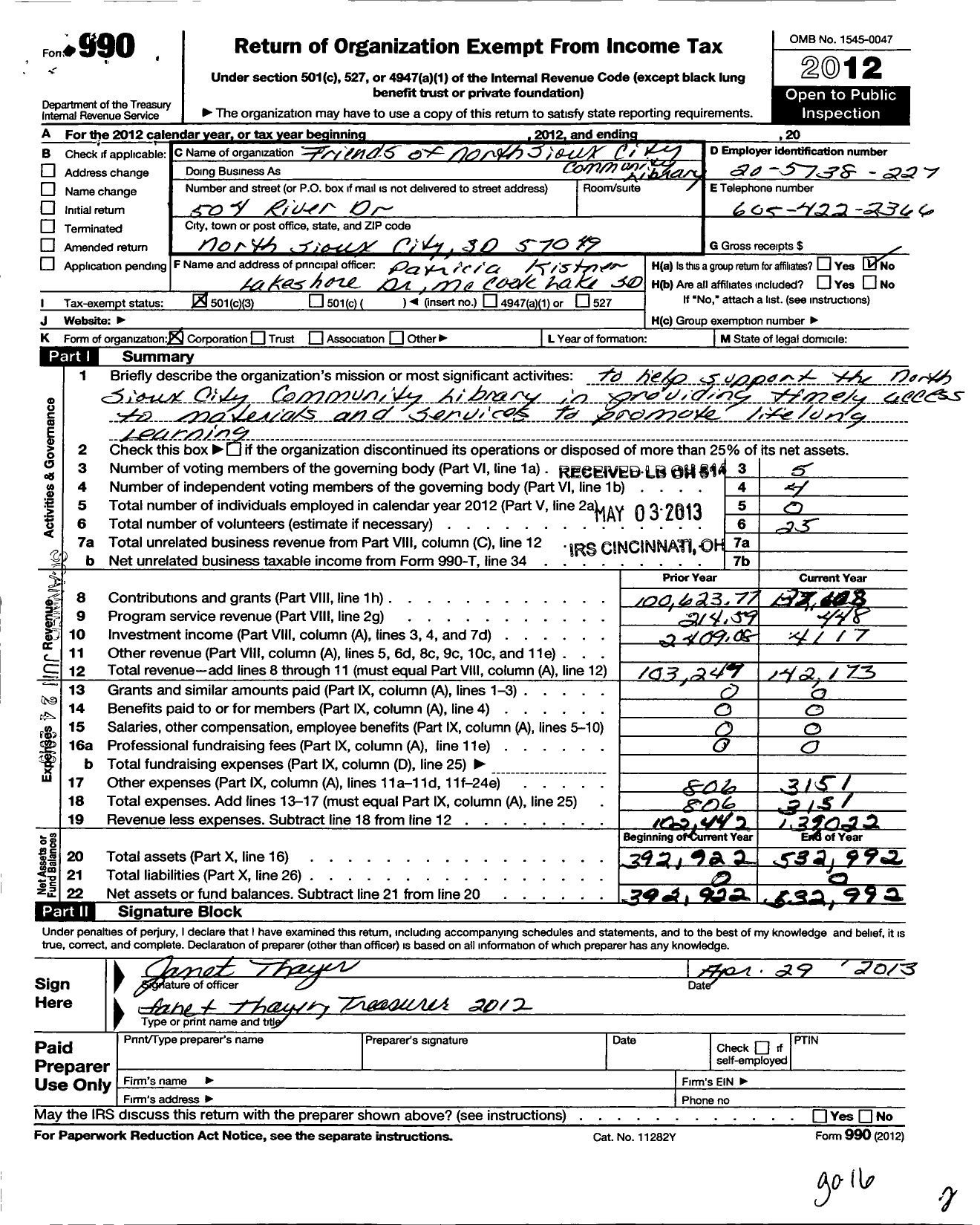 Image of first page of 2012 Form 990 for Friends of North Sioux Citycommunity Library