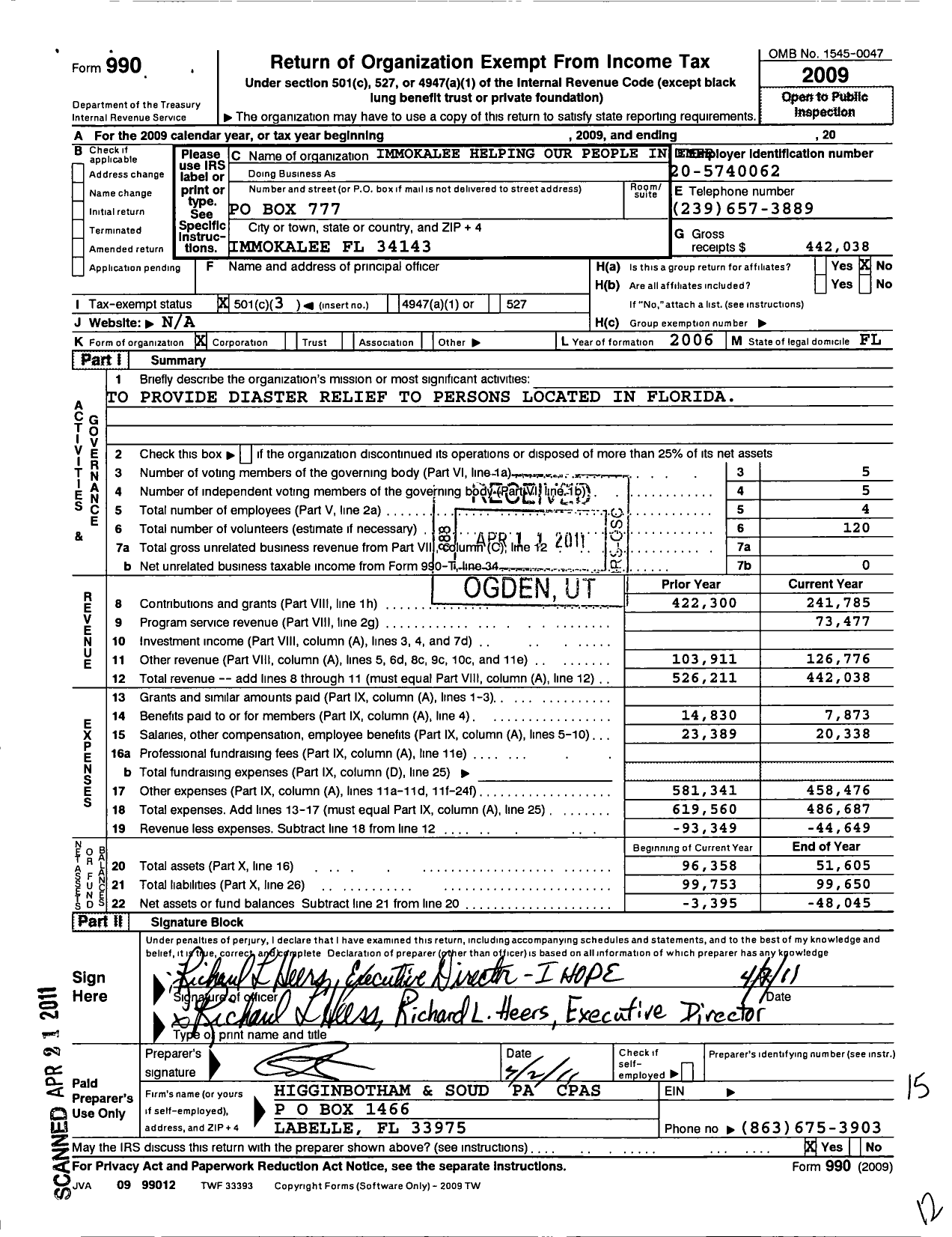 Image of first page of 2009 Form 990 for Immokalee Helping Our People Inemergencies