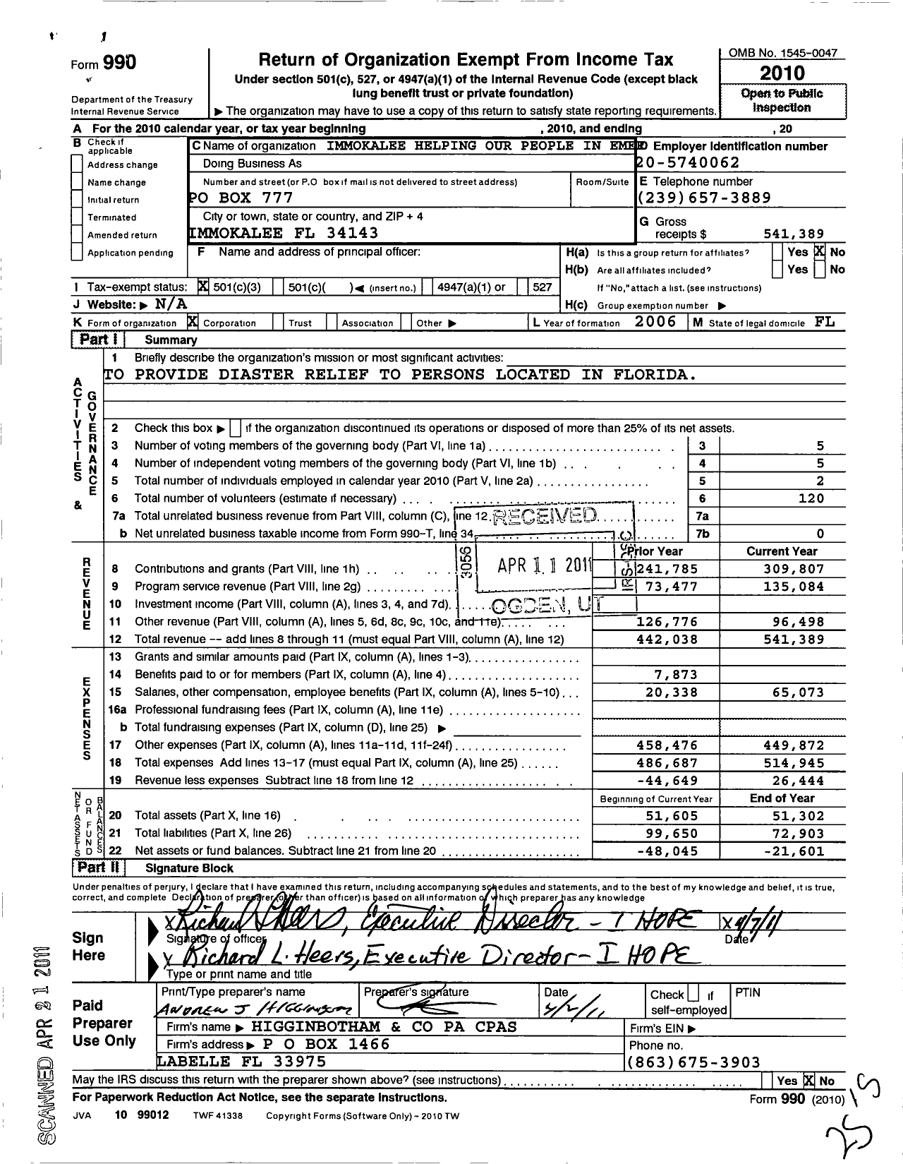 Image of first page of 2010 Form 990 for Immokalee Helping Our People Inemergencies