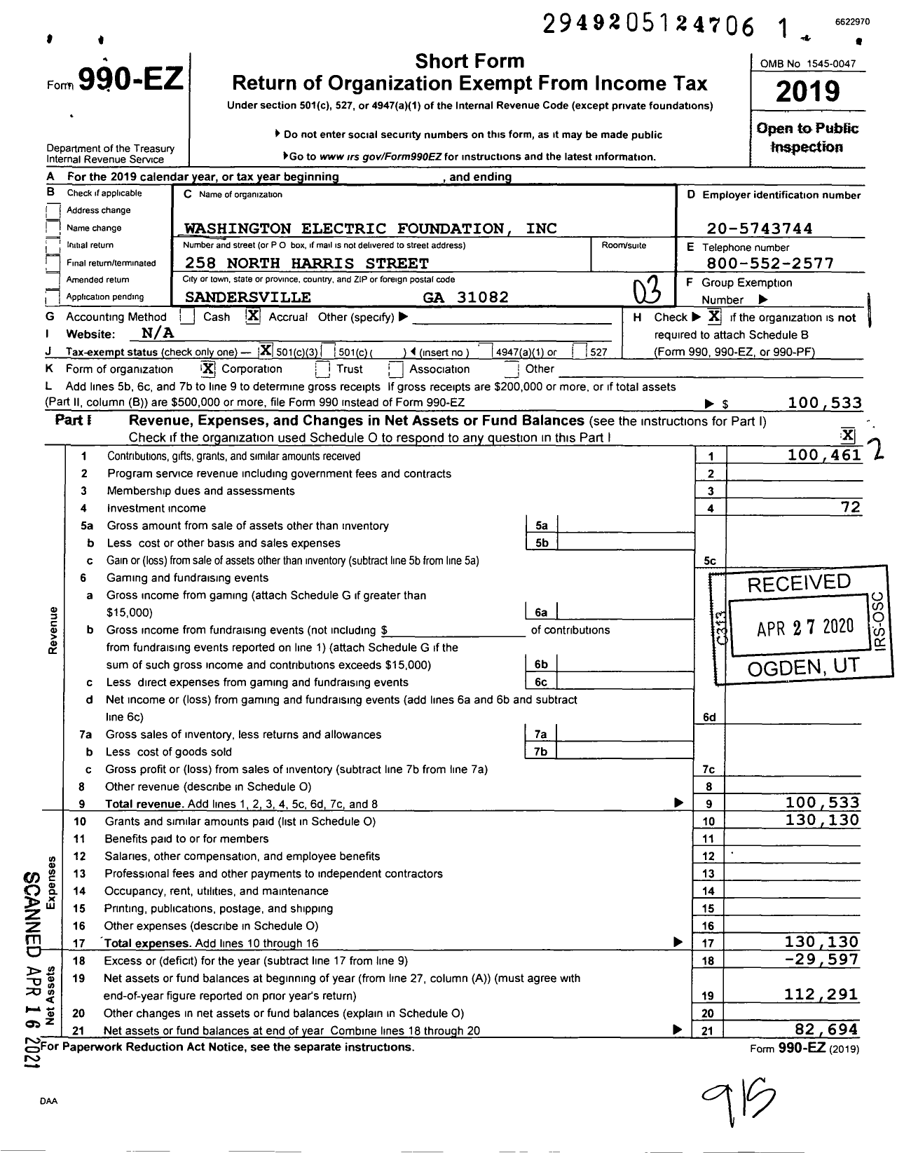 Image of first page of 2019 Form 990EZ for Washington Electric Foundation