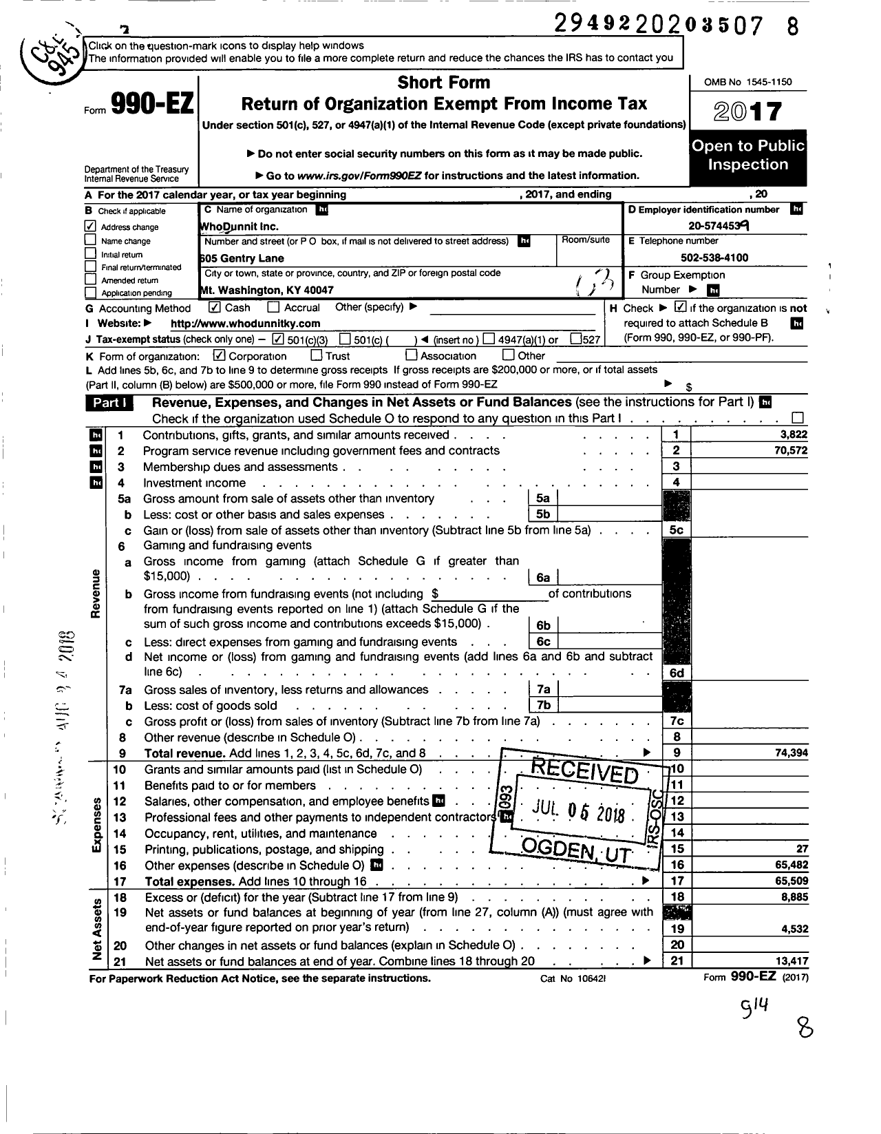 Image of first page of 2017 Form 990EZ for WhoDunnit