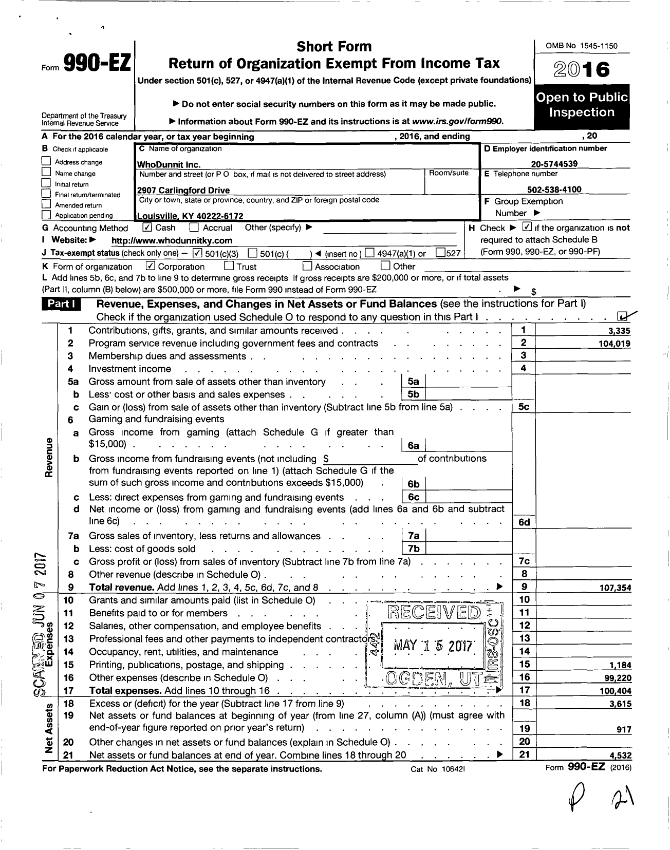 Image of first page of 2016 Form 990EZ for WhoDunnit