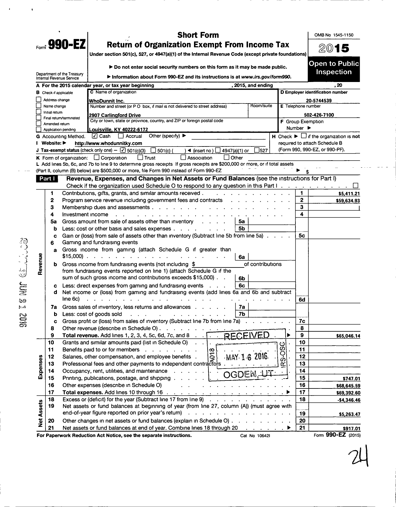 Image of first page of 2015 Form 990EZ for WhoDunnit