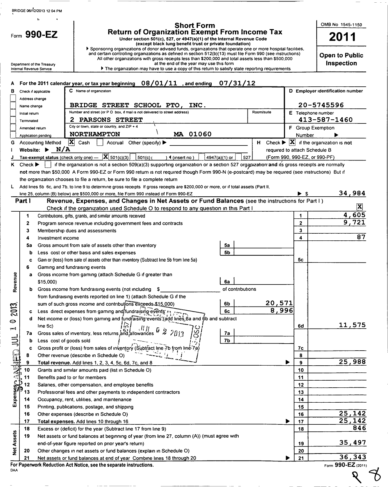 Image of first page of 2011 Form 990EZ for Bridge Street School Pto