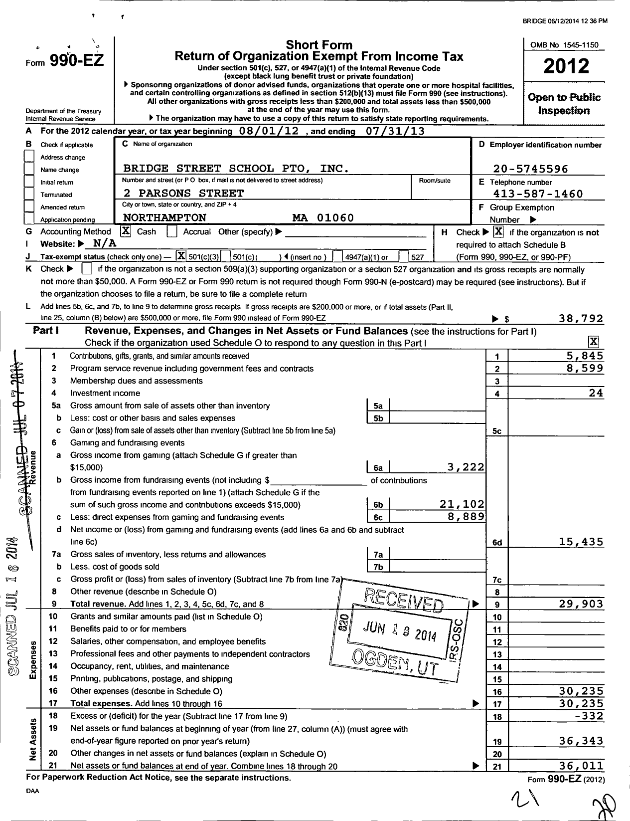 Image of first page of 2012 Form 990EZ for Bridge Street School Pto