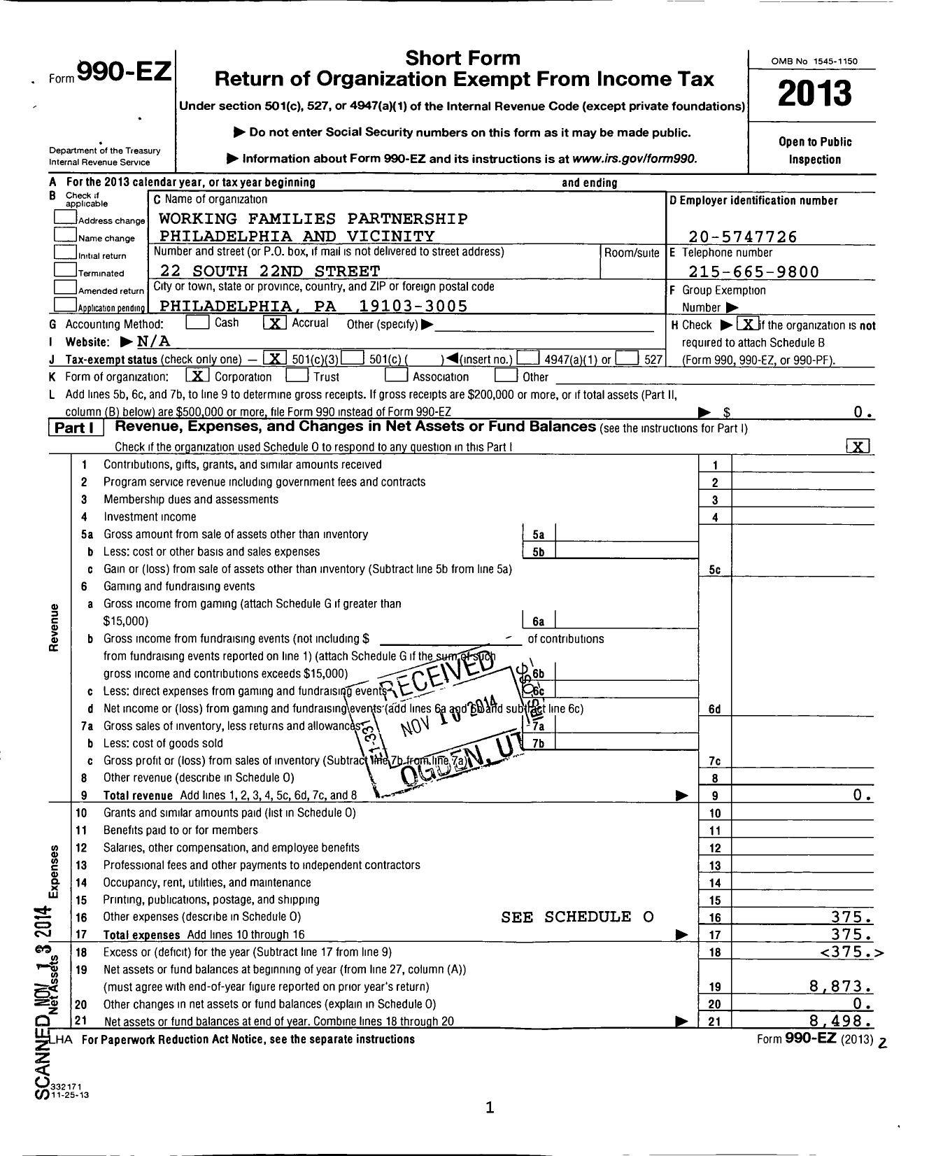 Image of first page of 2013 Form 990EZ for Working Families Partnership Philadelphia and Vicinity