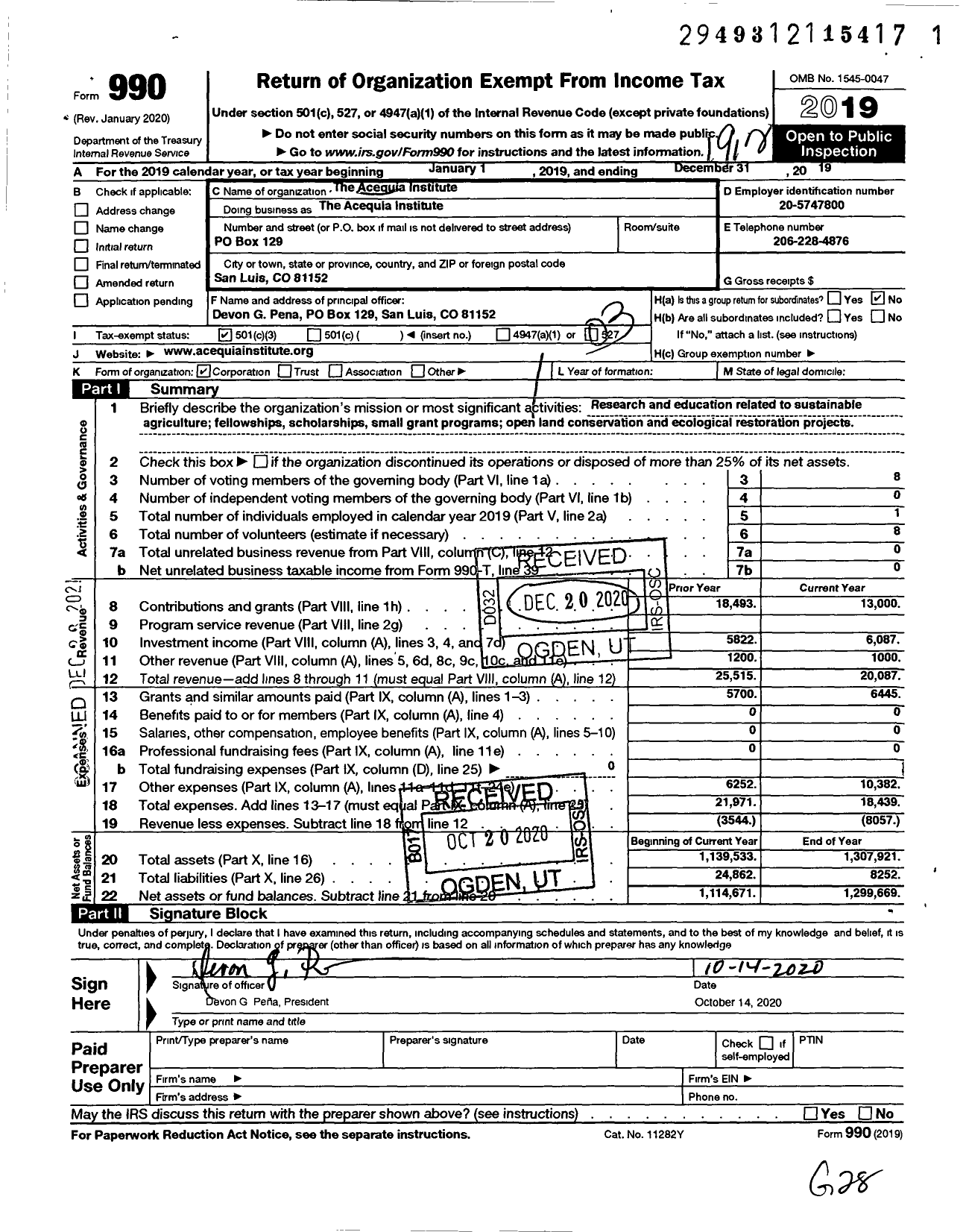 Image of first page of 2019 Form 990 for Acequia Institute