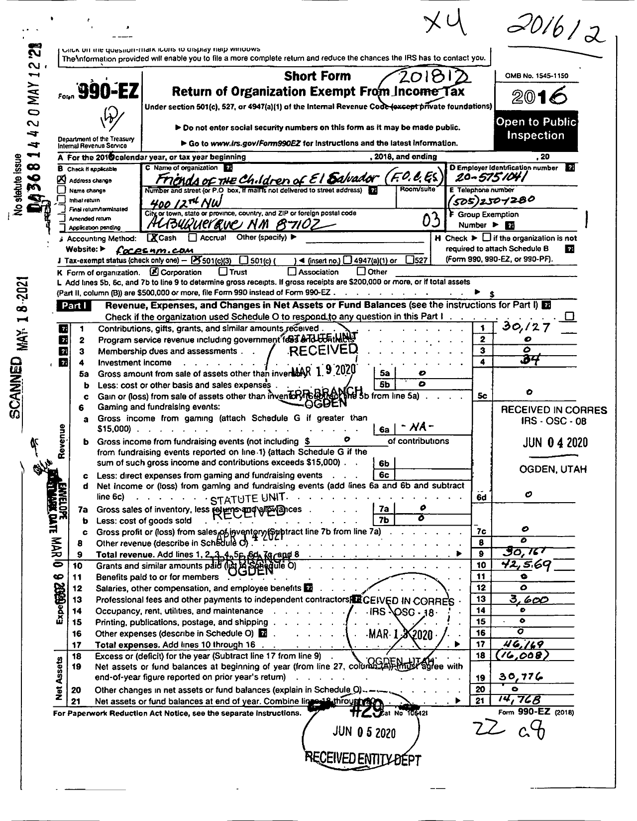 Image of first page of 2016 Form 990EA for Friends of the Children of El Salvador