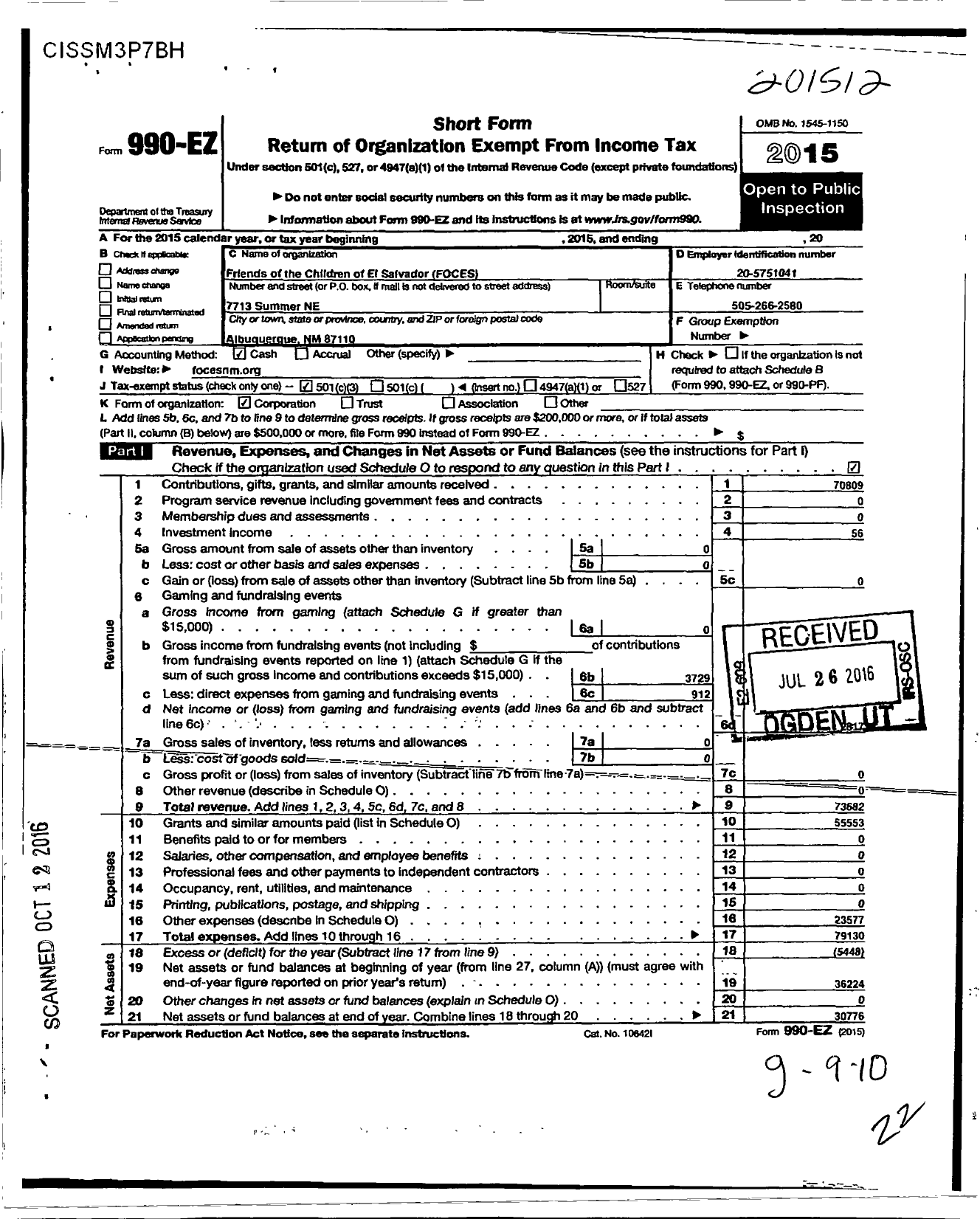 Image of first page of 2015 Form 990EZ for Friends of the Children of El Salvador