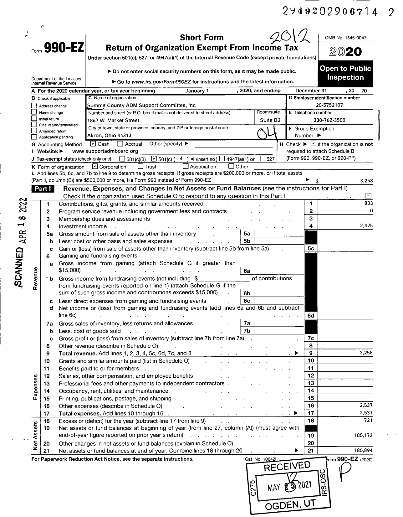 Image of first page of 2020 Form 990EO for Summit County Adm Support Committee