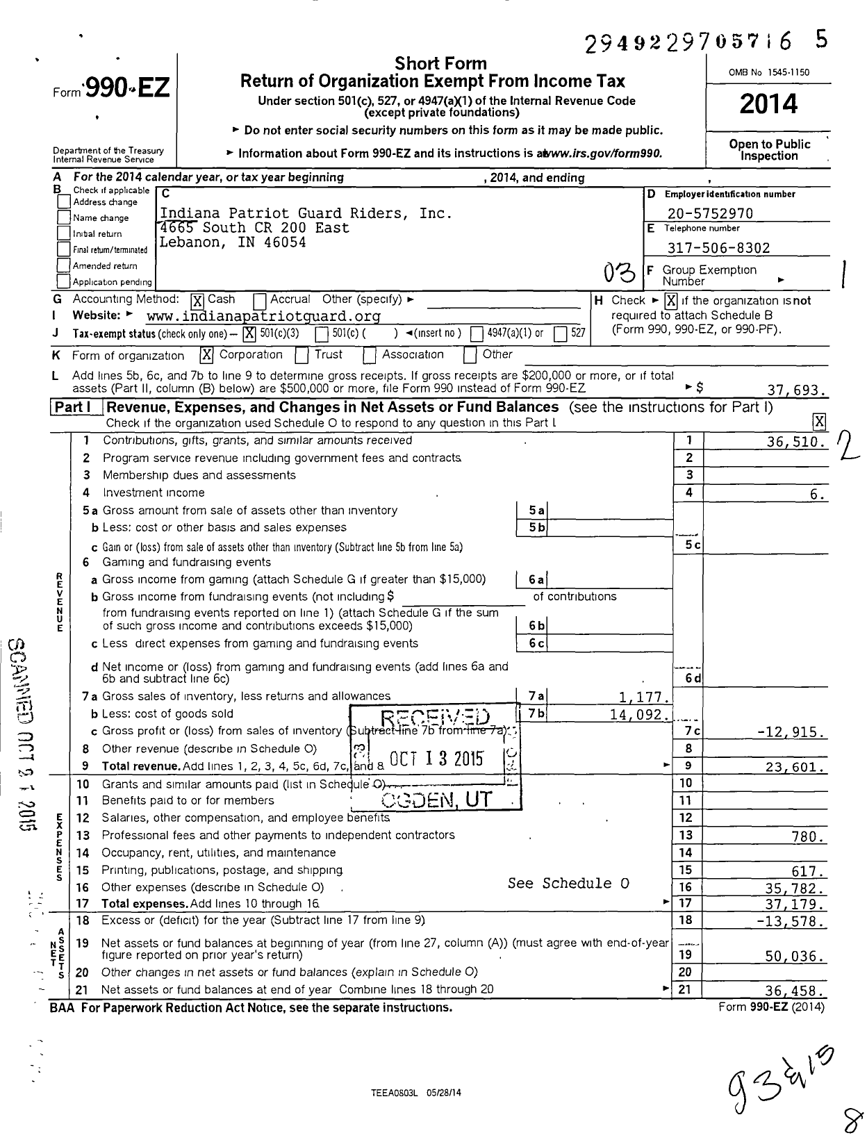 Image of first page of 2014 Form 990EZ for Indiana Patriot Guard Riders