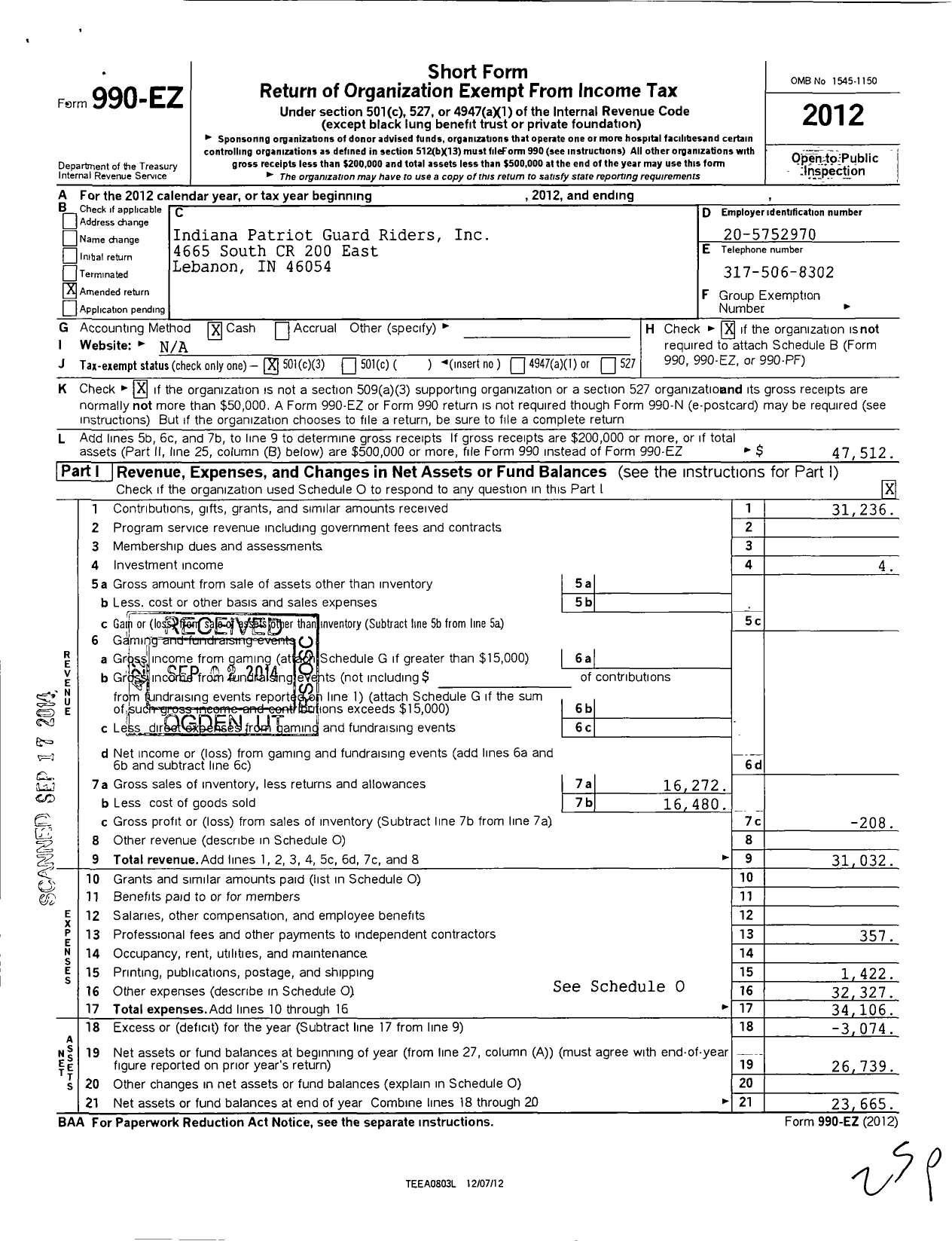 Image of first page of 2012 Form 990EZ for Indiana Patriot Guard Riders