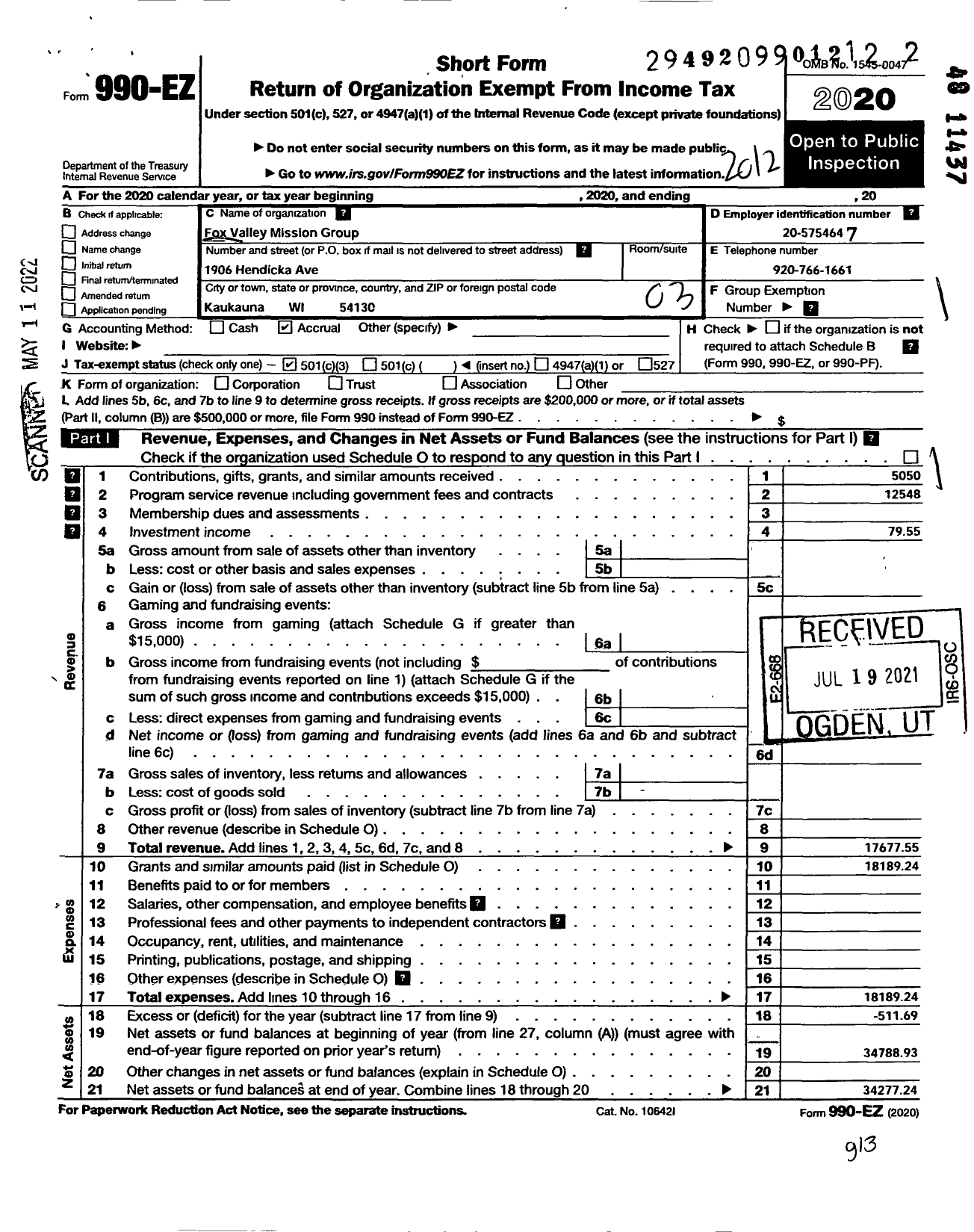 Image of first page of 2020 Form 990EZ for Fox Valley Mission Group