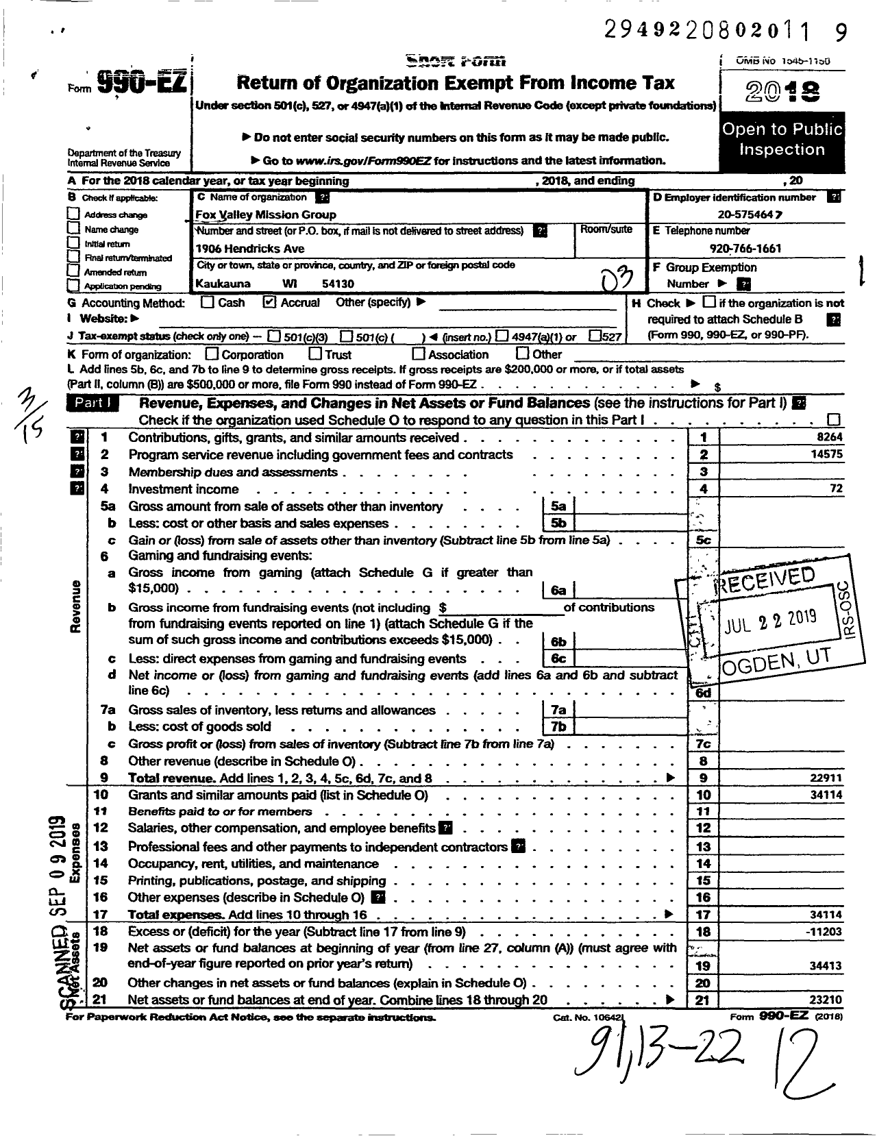 Image of first page of 2018 Form 990EZ for Fox Valley Mission Group