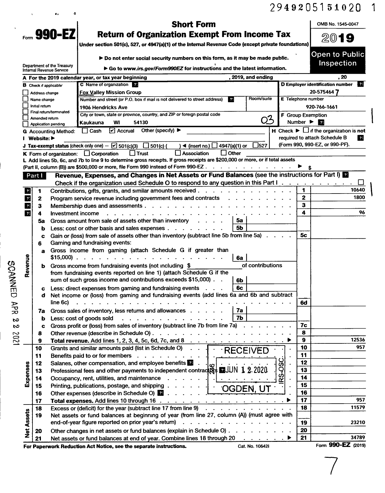 Image of first page of 2019 Form 990EZ for Fox Valley Mission Group