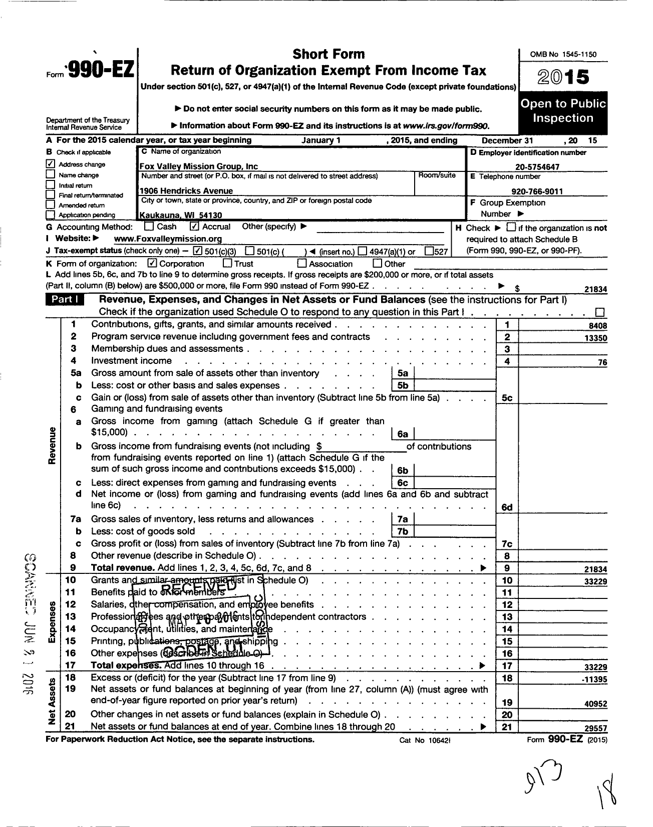 Image of first page of 2015 Form 990EZ for Fox Valley Mission Group