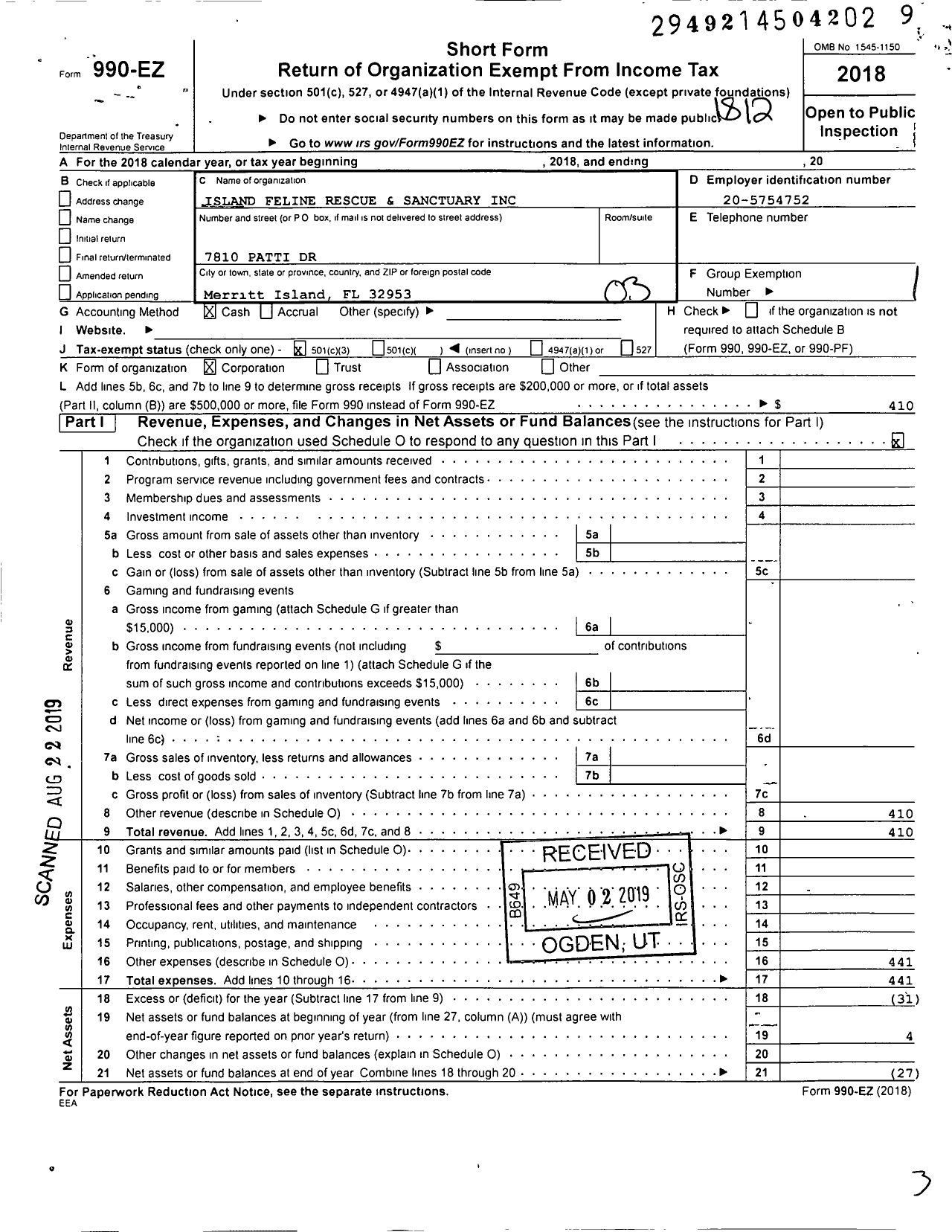 Image of first page of 2018 Form 990EZ for Island Feline Rescue and Sanctuary