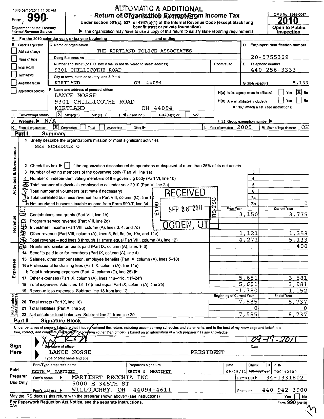 Image of first page of 2010 Form 990 for Kirtland Police Associates