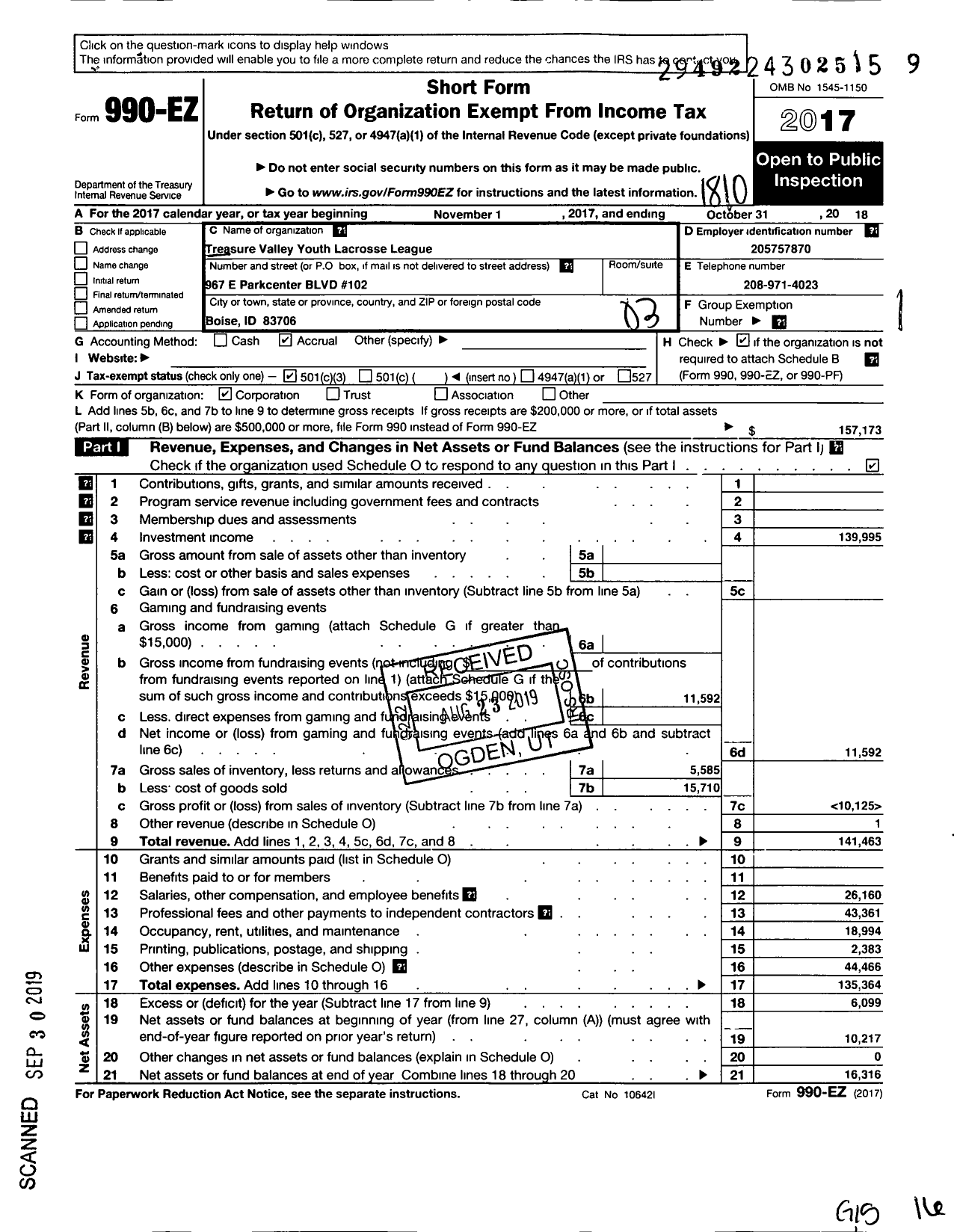 Image of first page of 2017 Form 990EZ for Treasure Valley Youth Lacrosseleague