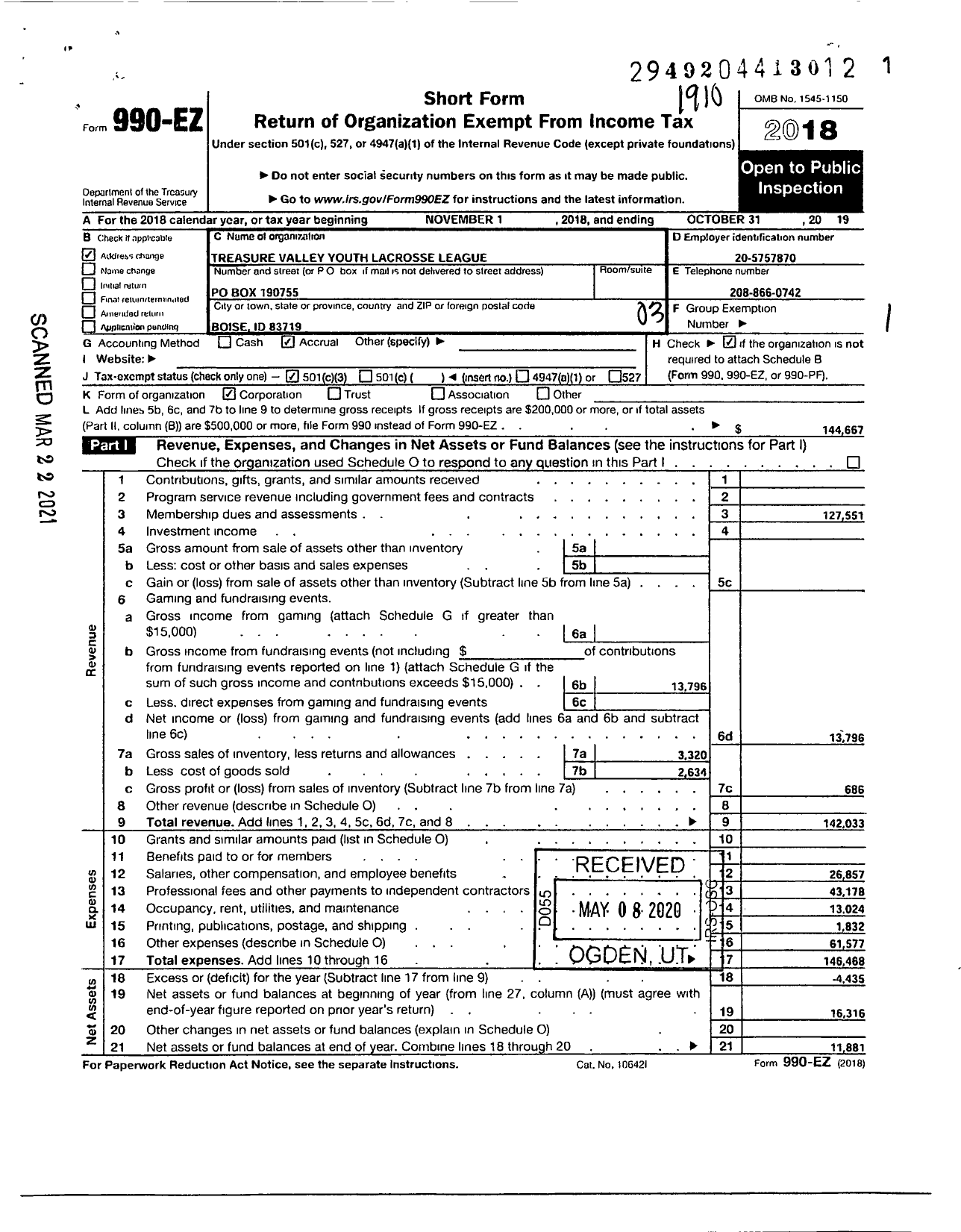 Image of first page of 2018 Form 990EZ for Treasure Valley Youth Lacrosseleague