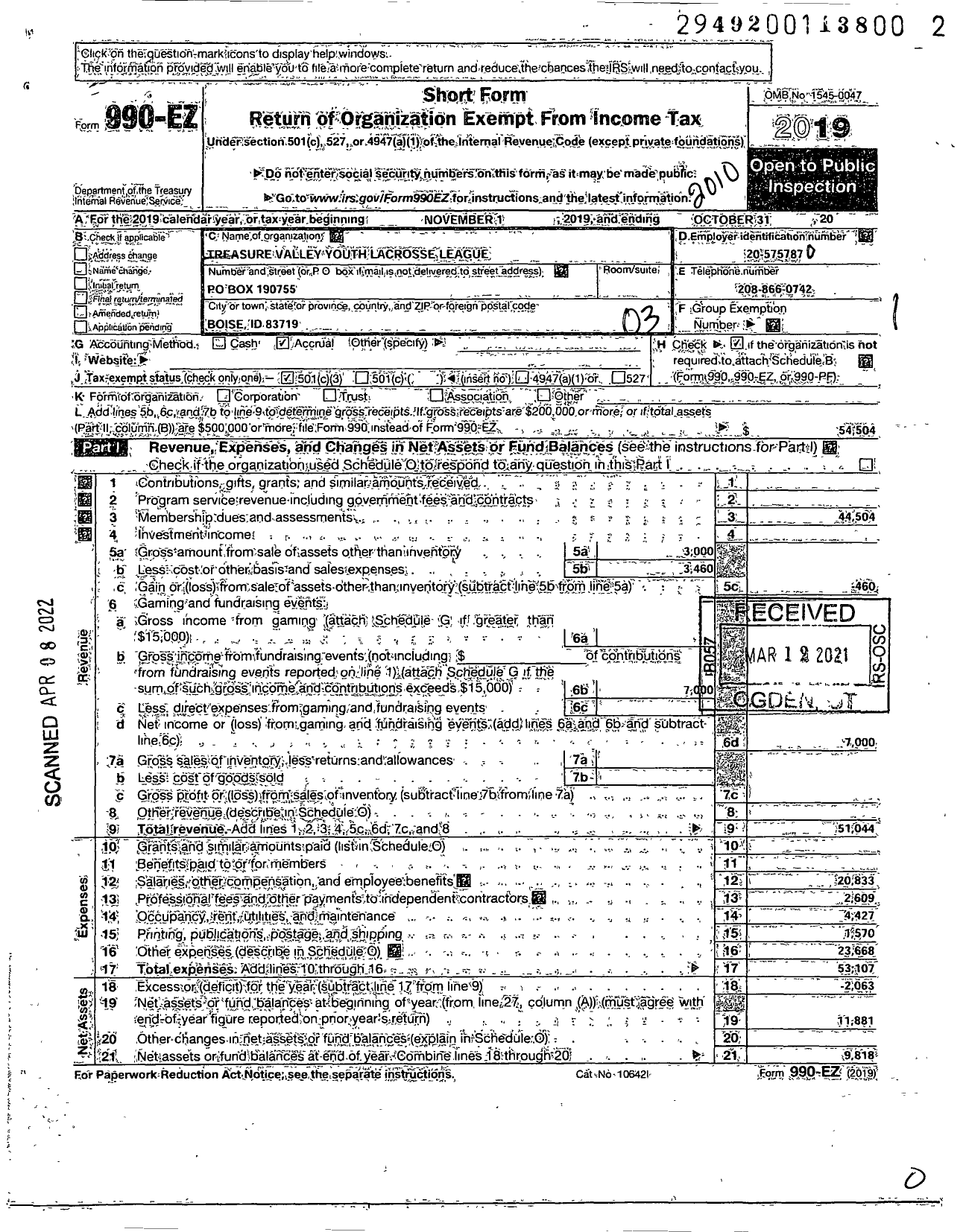 Image of first page of 2019 Form 990EZ for Treasure Valley Youth Lacrosseleague