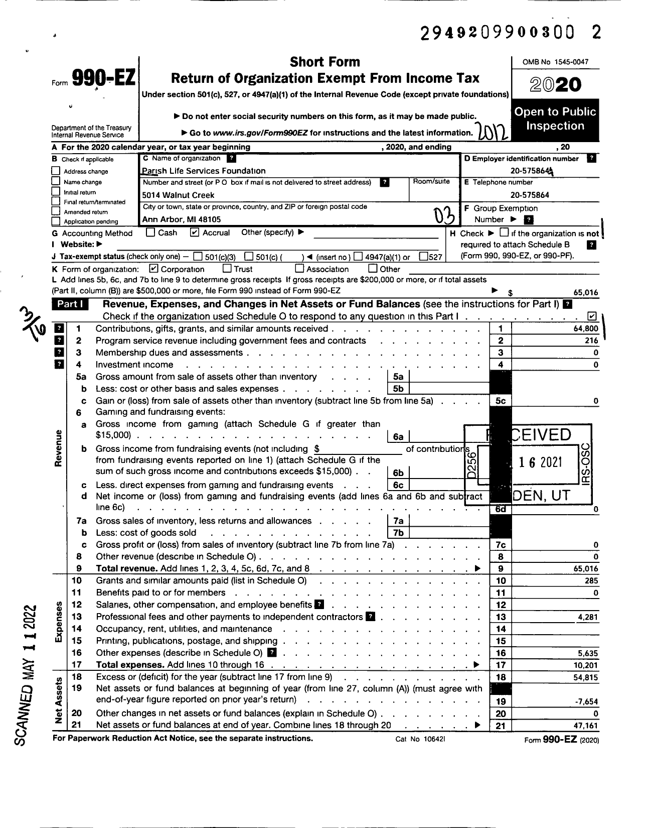 Image of first page of 2020 Form 990EZ for Parish Life Services Foundation