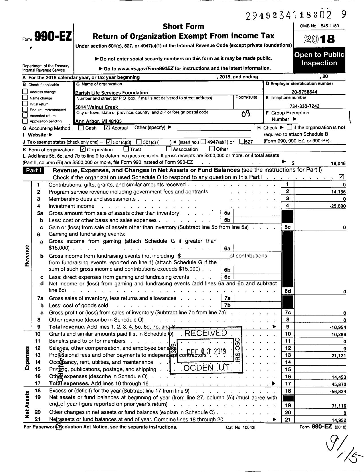 Image of first page of 2018 Form 990EZ for Parish Life Services Foundation