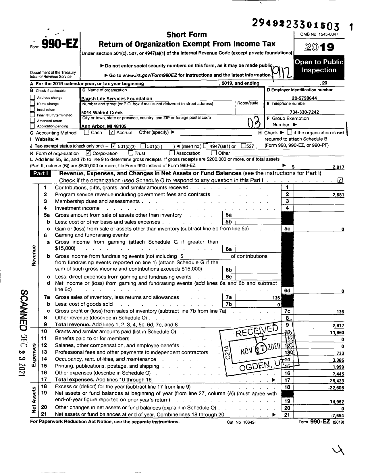 Image of first page of 2019 Form 990EZ for Parish Life Services Foundation