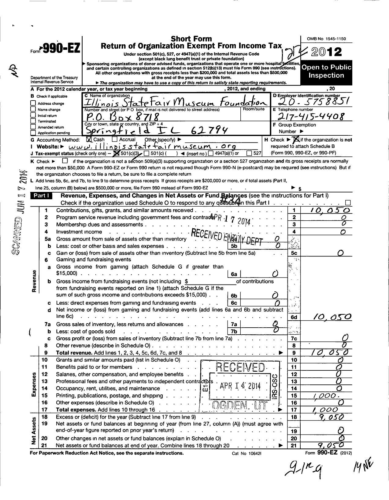 Image of first page of 2012 Form 990EZ for Illinois State Fair Museum Foundation