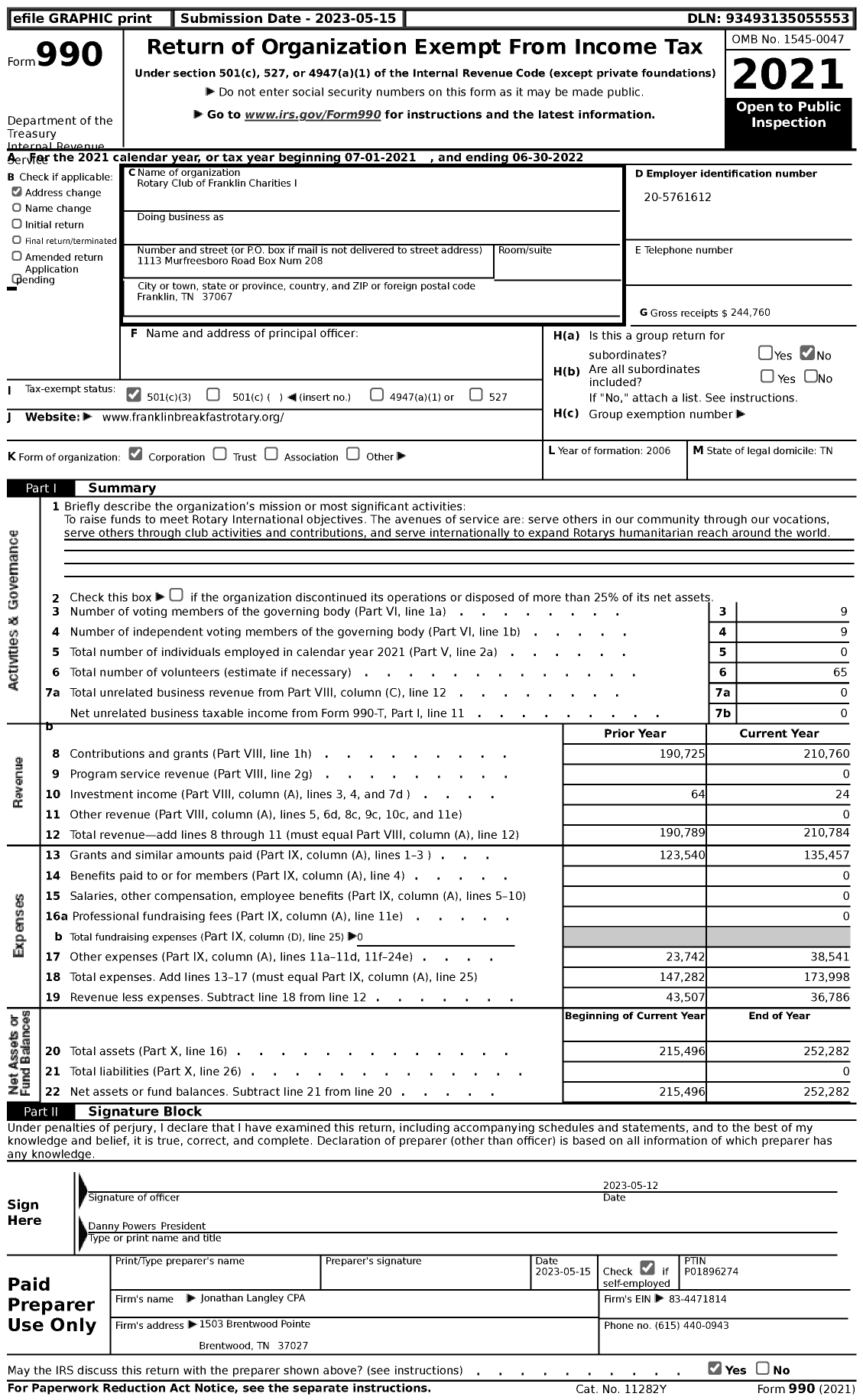 Image of first page of 2021 Form 990 for Rotary Club of Franklin Charities I