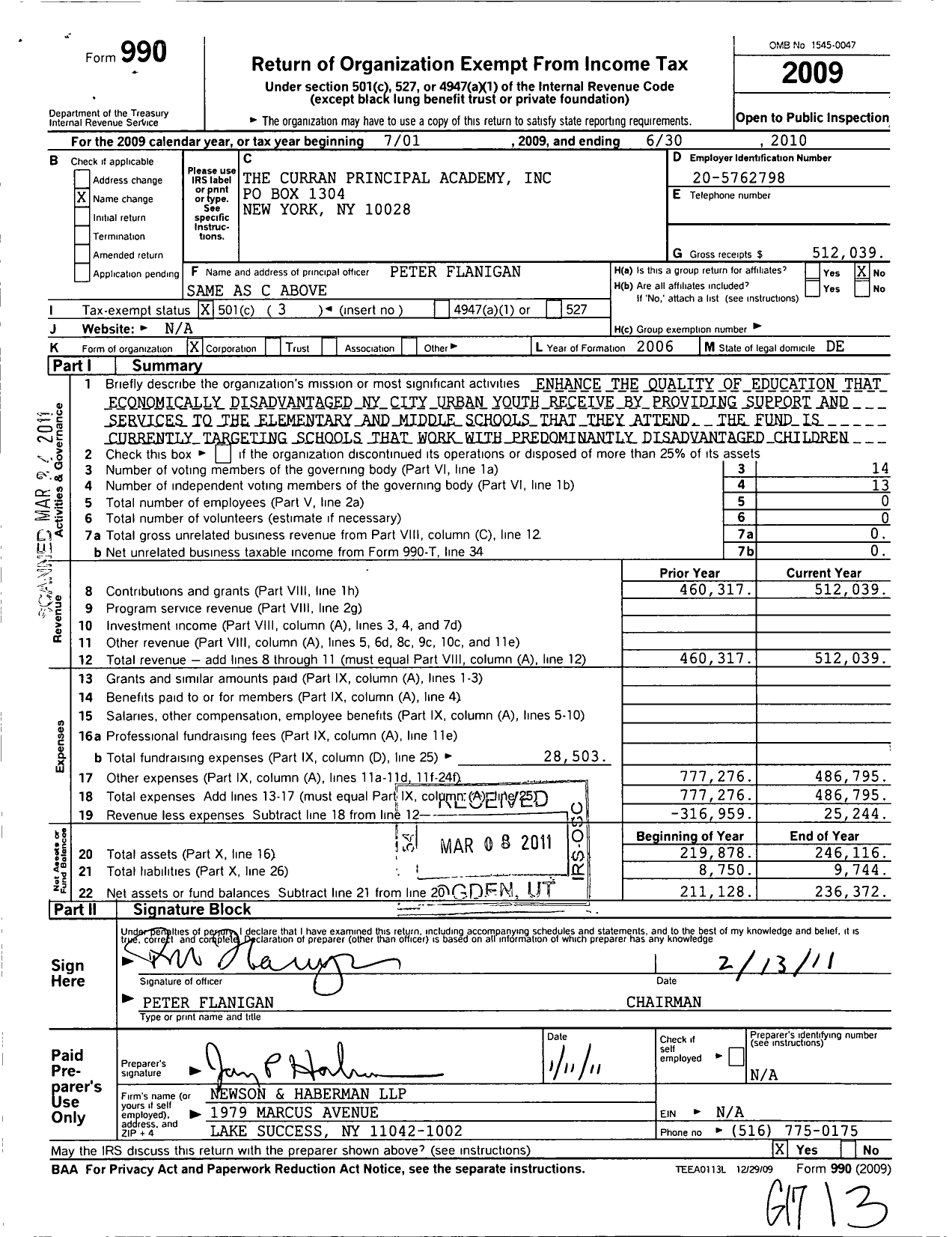 Image of first page of 2009 Form 990 for The Curran Principal Academy