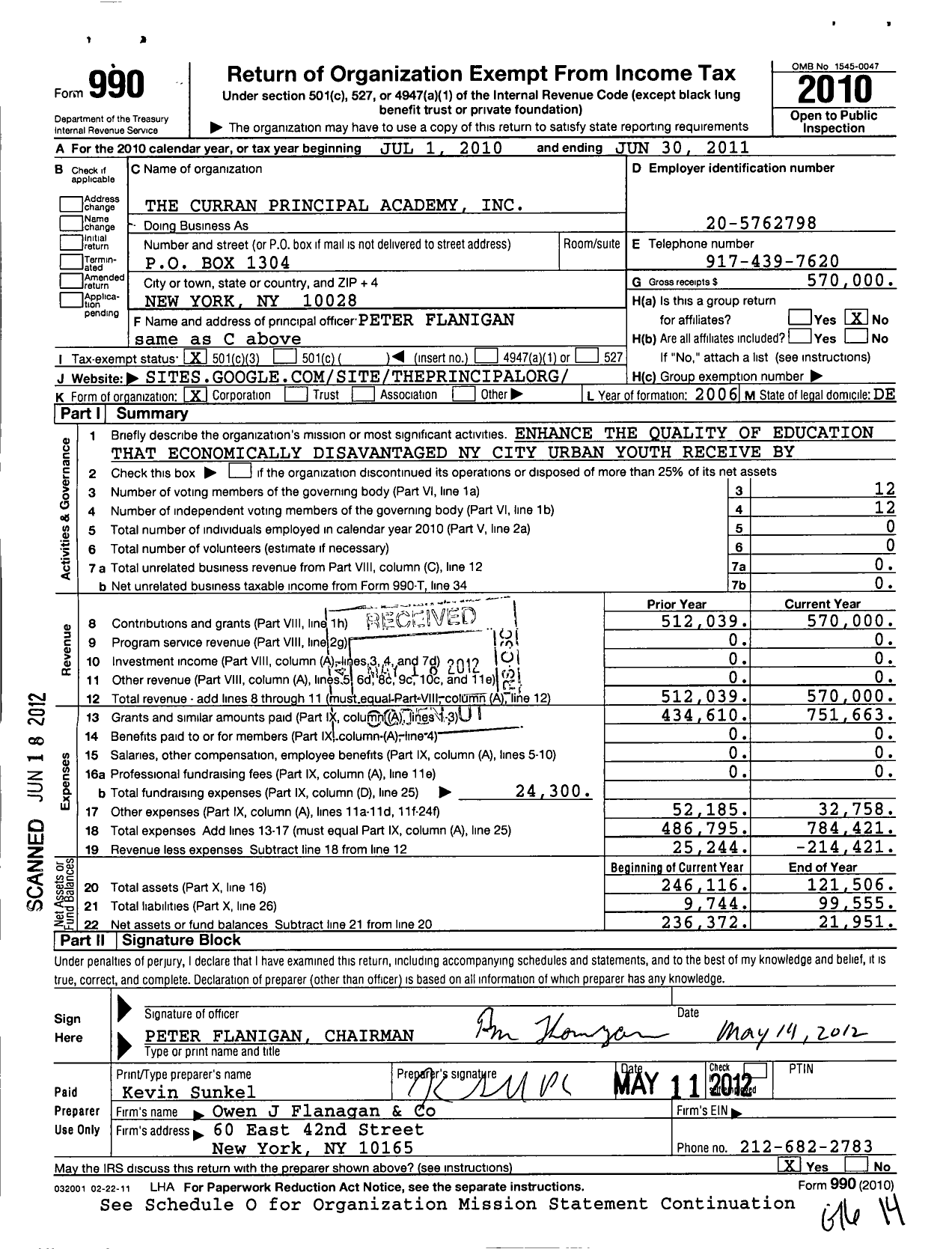 Image of first page of 2010 Form 990 for The Curran Principal Academy