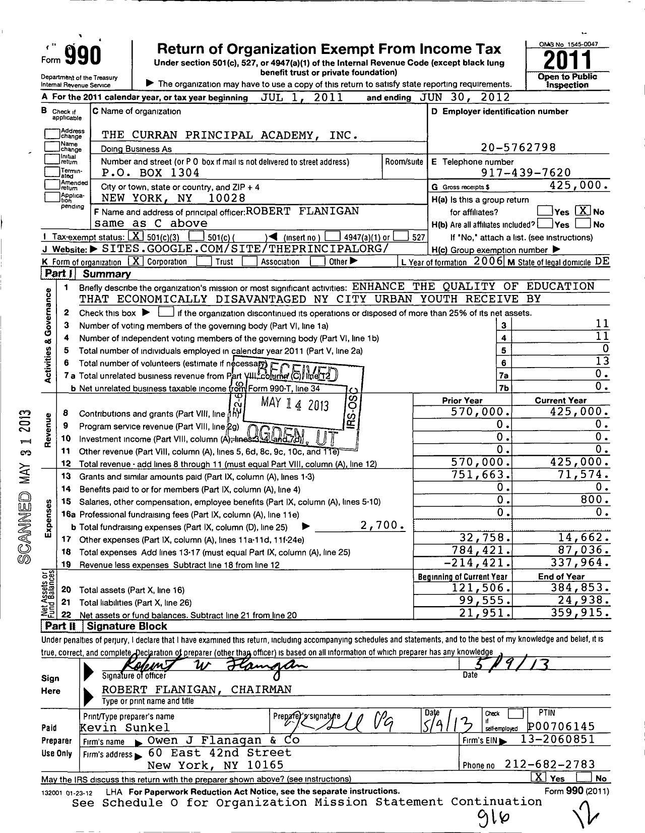 Image of first page of 2011 Form 990 for The Curran Principal Academy