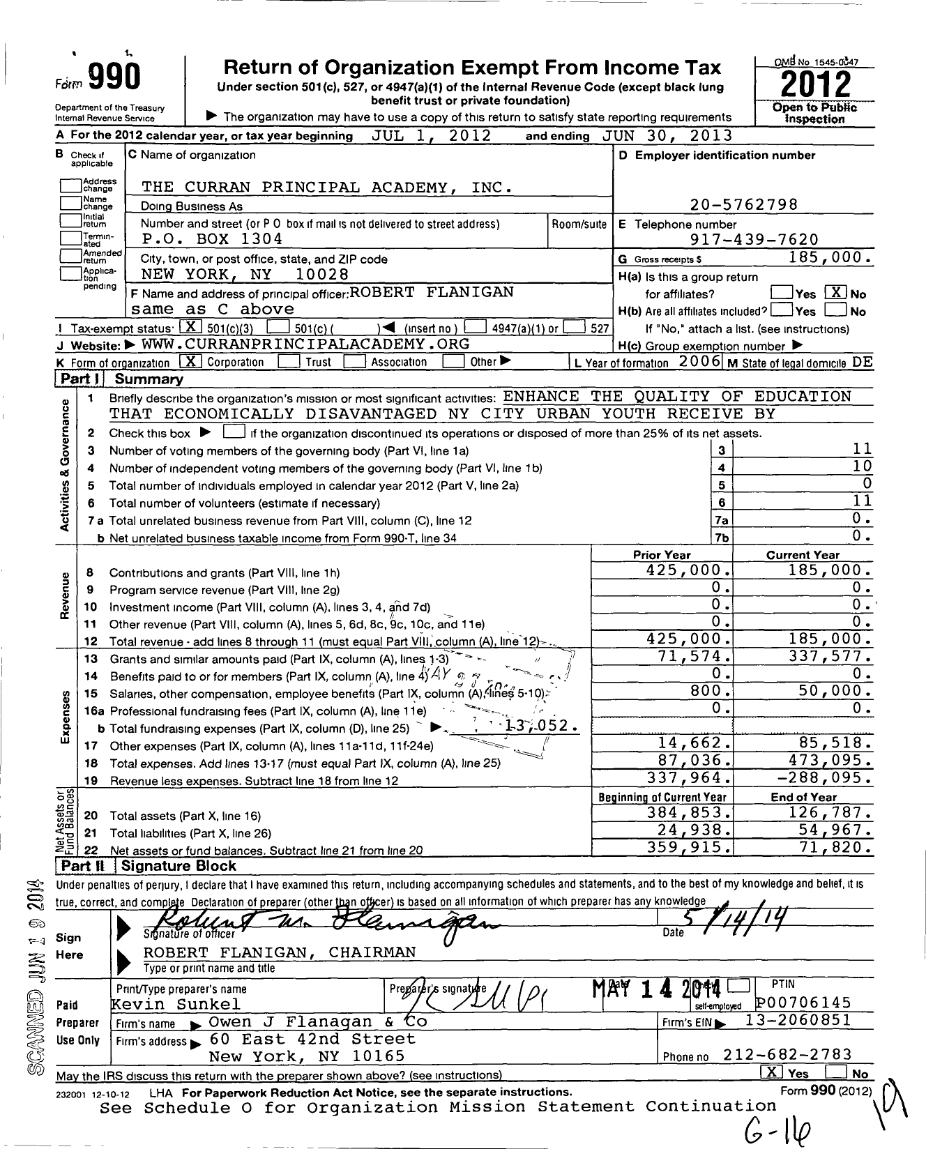 Image of first page of 2012 Form 990 for The Curran Principal Academy