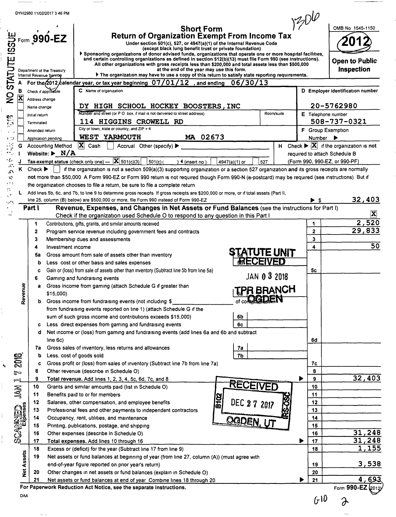 Image of first page of 2012 Form 990EA for Dy High School Hockey Boosters