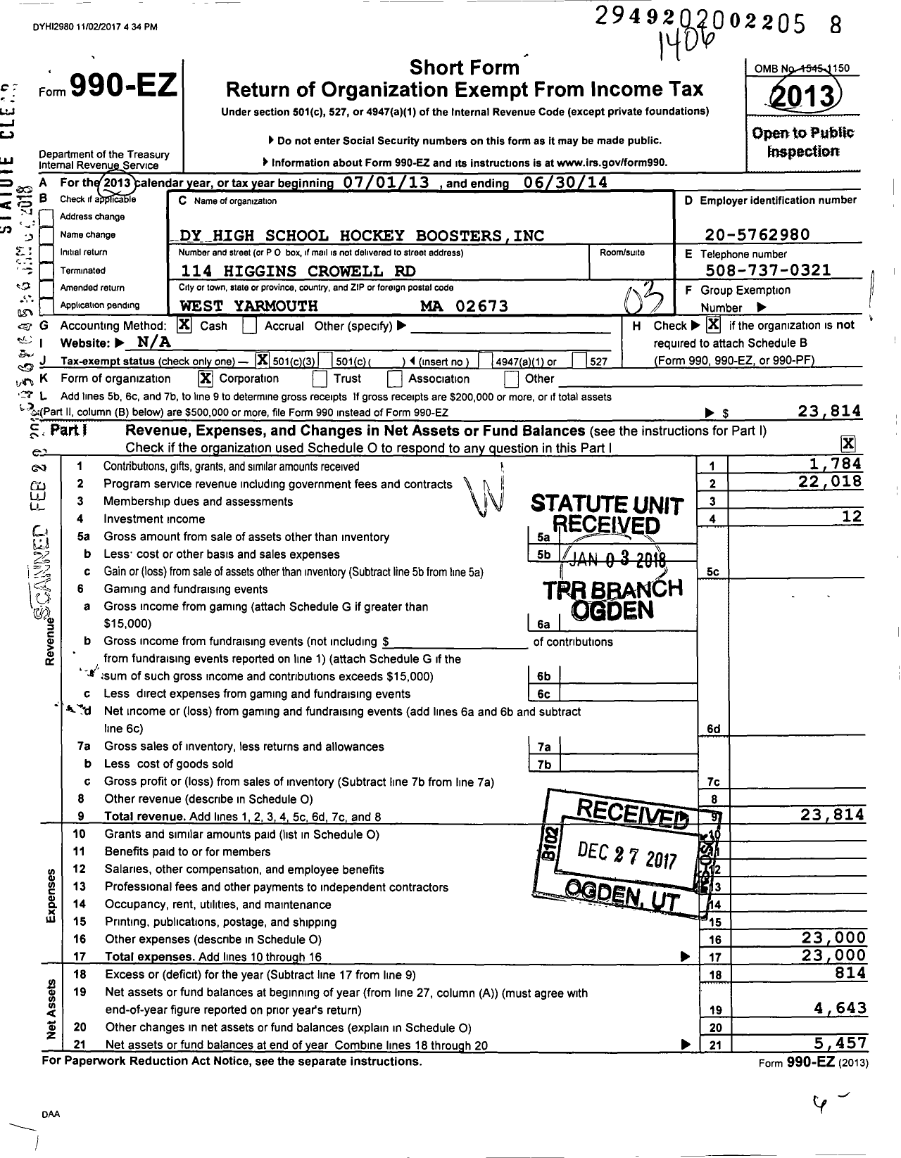 Image of first page of 2013 Form 990EZ for Dy High School Hockey Boosters