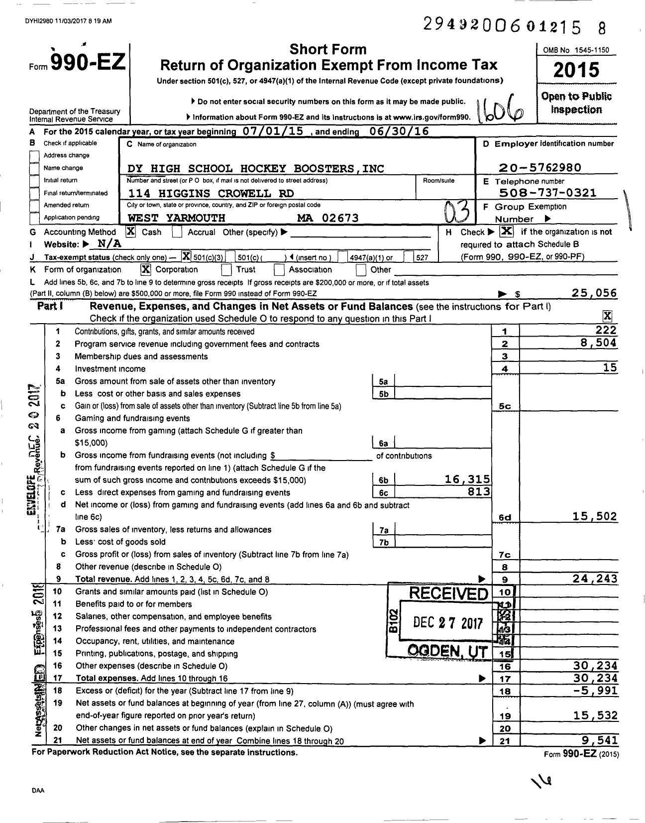 Image of first page of 2015 Form 990EZ for Dy High School Hockey Boosters