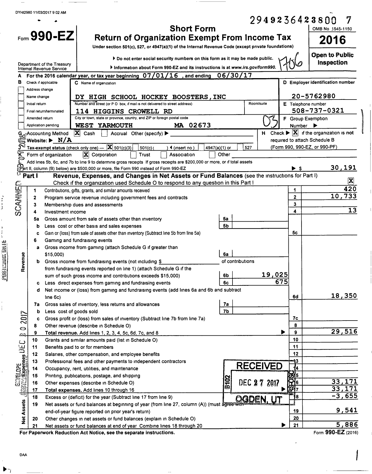 Image of first page of 2016 Form 990EZ for Dy High School Hockey Boosters