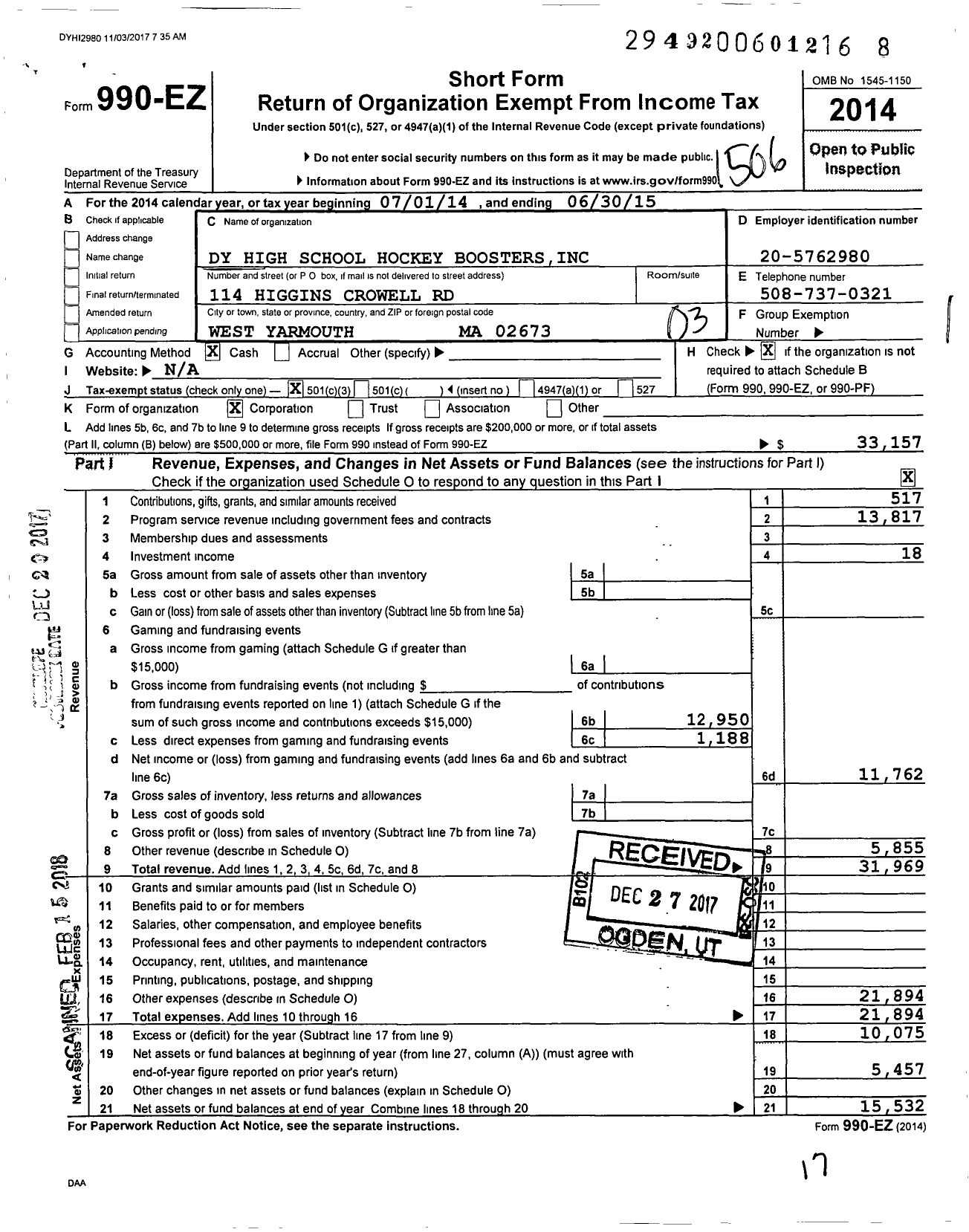 Image of first page of 2014 Form 990EZ for Dy High School Hockey Boosters