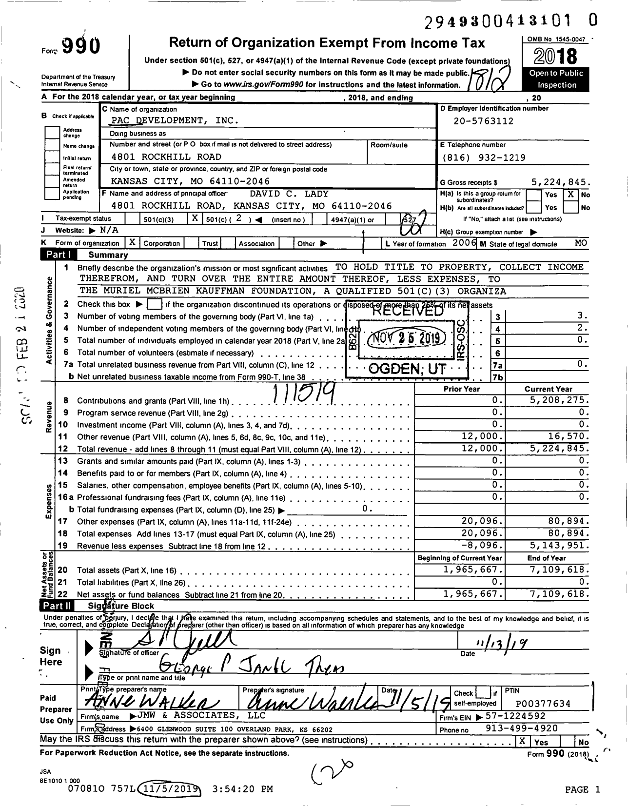 Image of first page of 2018 Form 990O for PAC Development