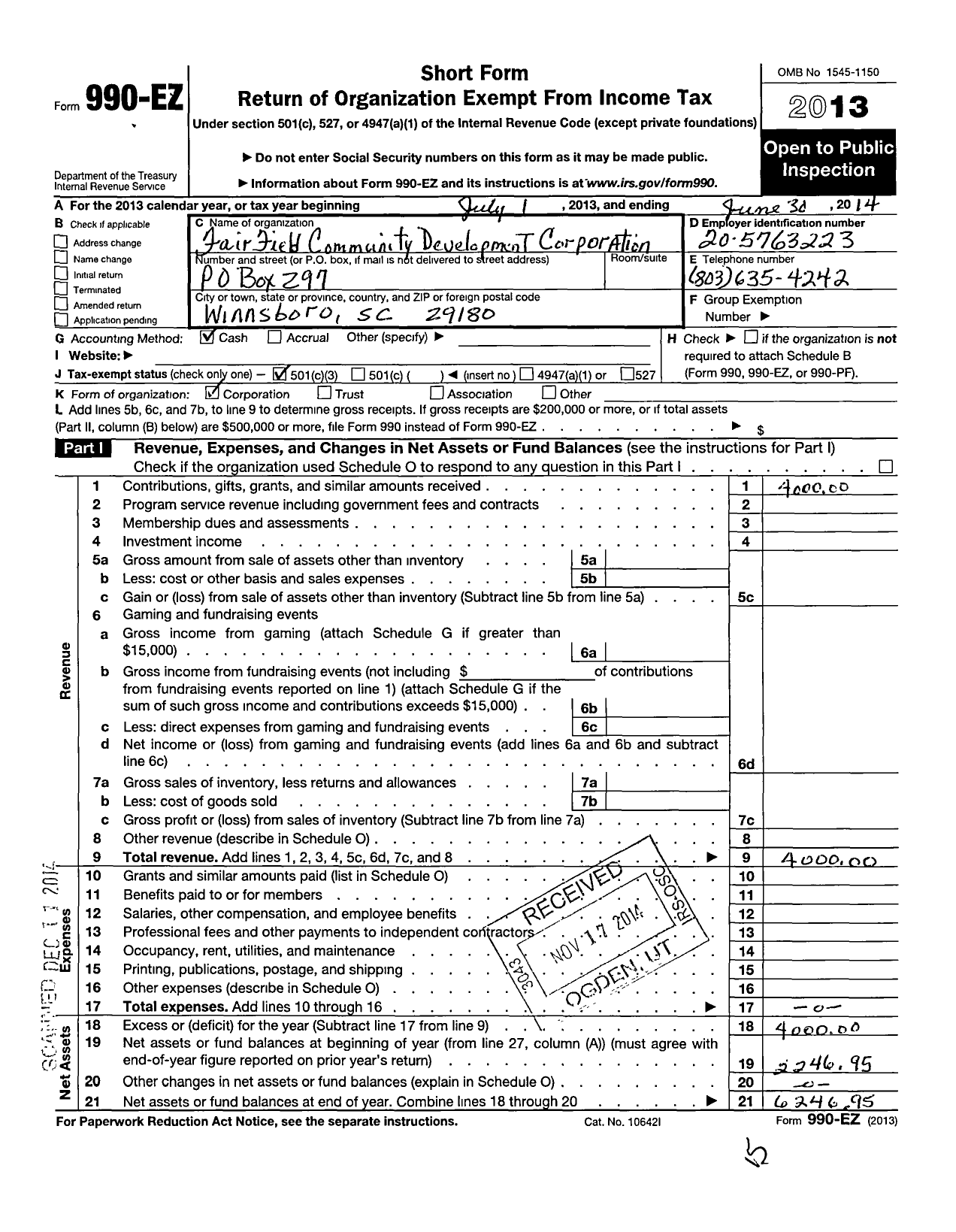 Image of first page of 2013 Form 990EZ for Fairfield Community Coordinating Council