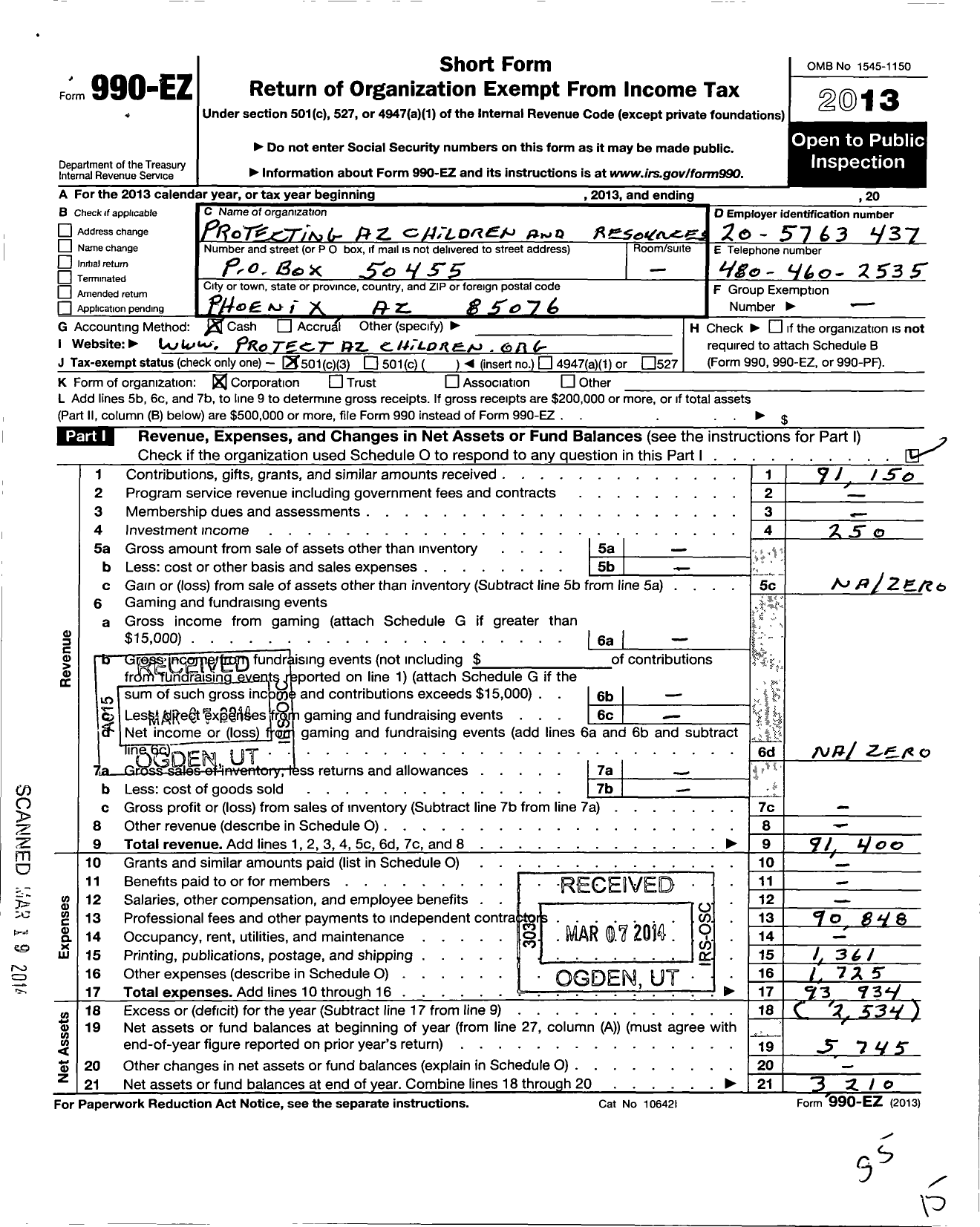 Image of first page of 2013 Form 990EZ for PROTECTING Arizonas RESOURCES AND CHILDREN