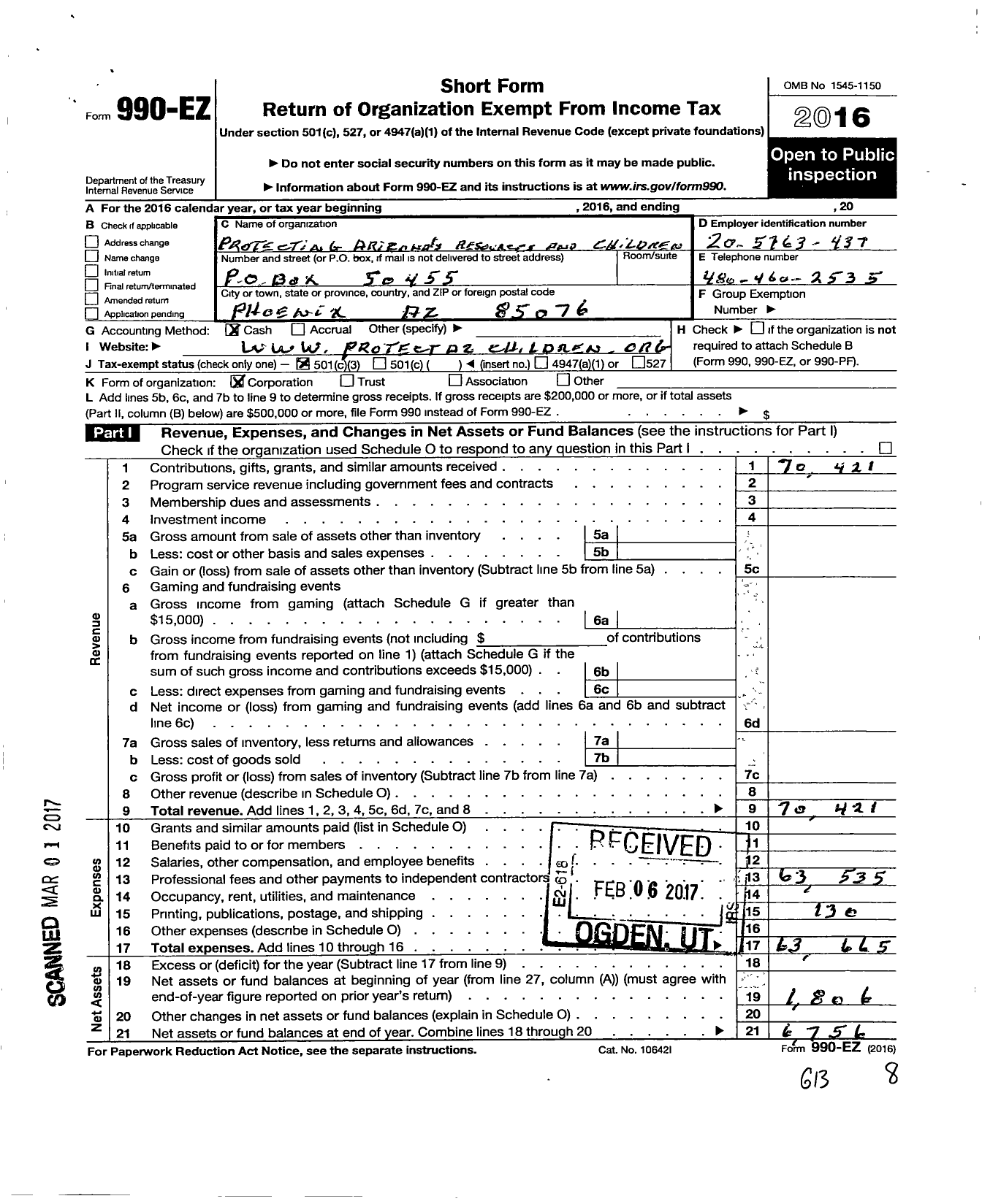 Image of first page of 2016 Form 990EZ for PROTECTING Arizonas RESOURCES AND CHILDREN