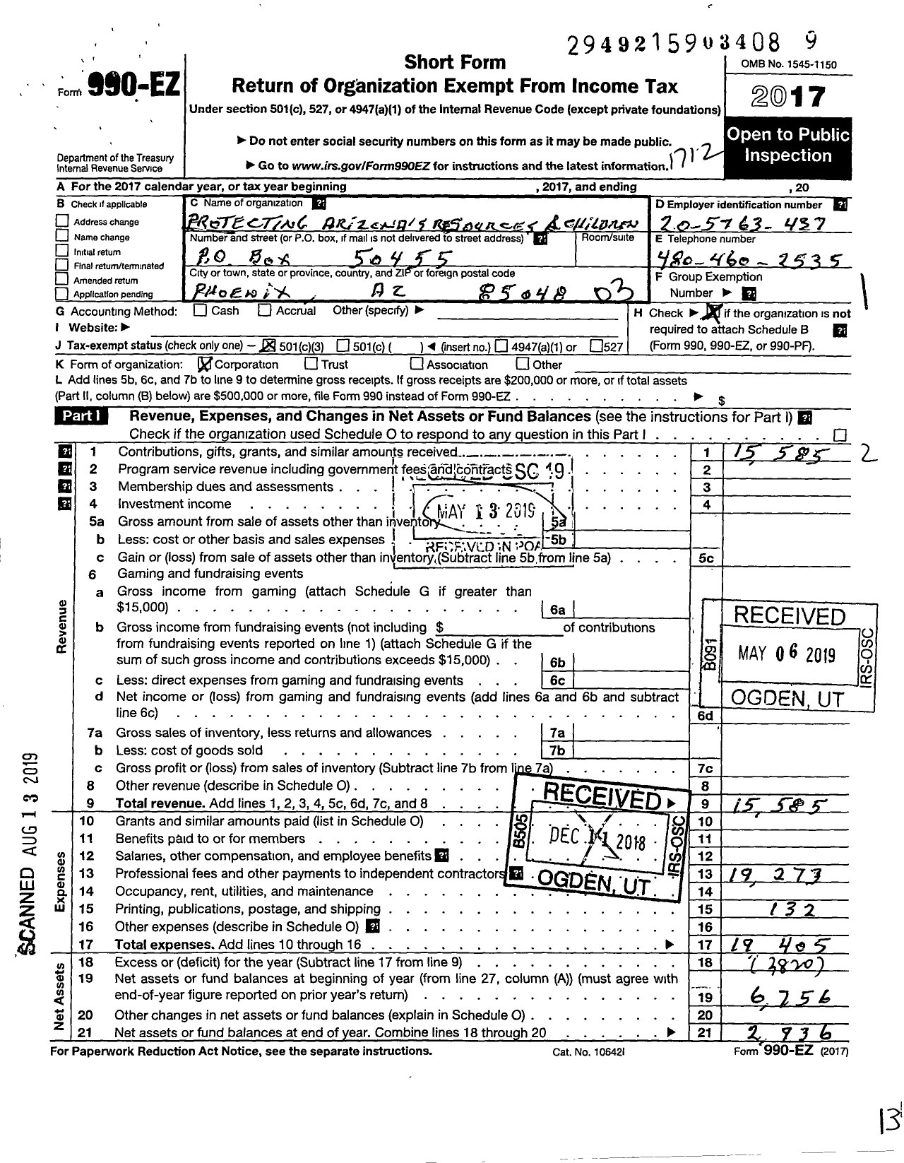 Image of first page of 2017 Form 990EZ for PROTECTING Arizonas RESOURCES AND CHILDREN