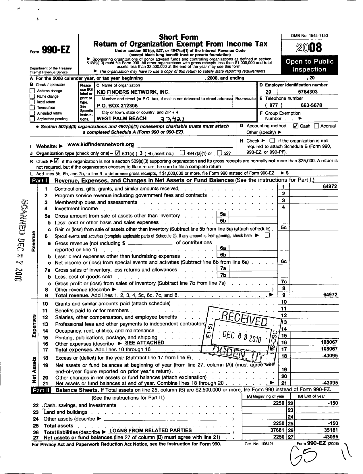 Image of first page of 2008 Form 990EZ for Kid Finders Network