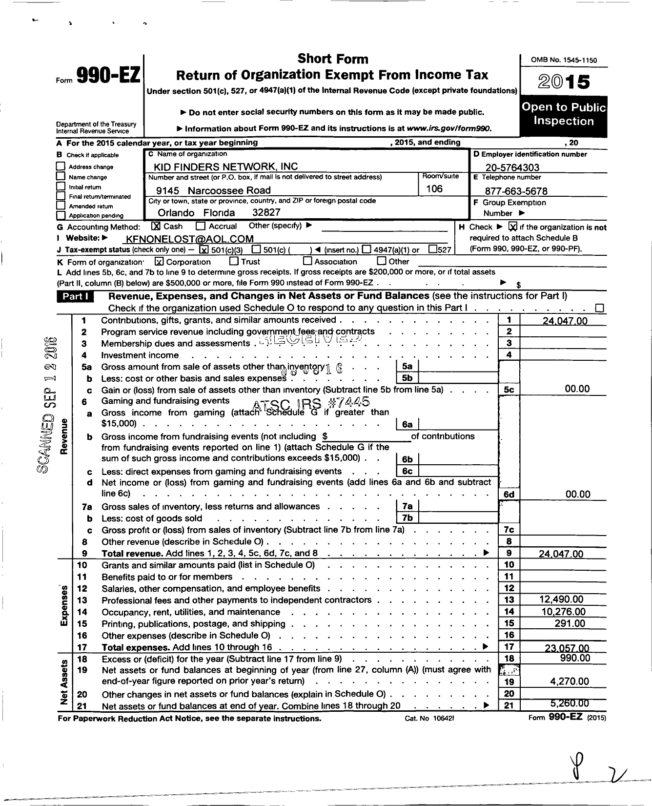 Image of first page of 2015 Form 990EZ for Kid Finders Network