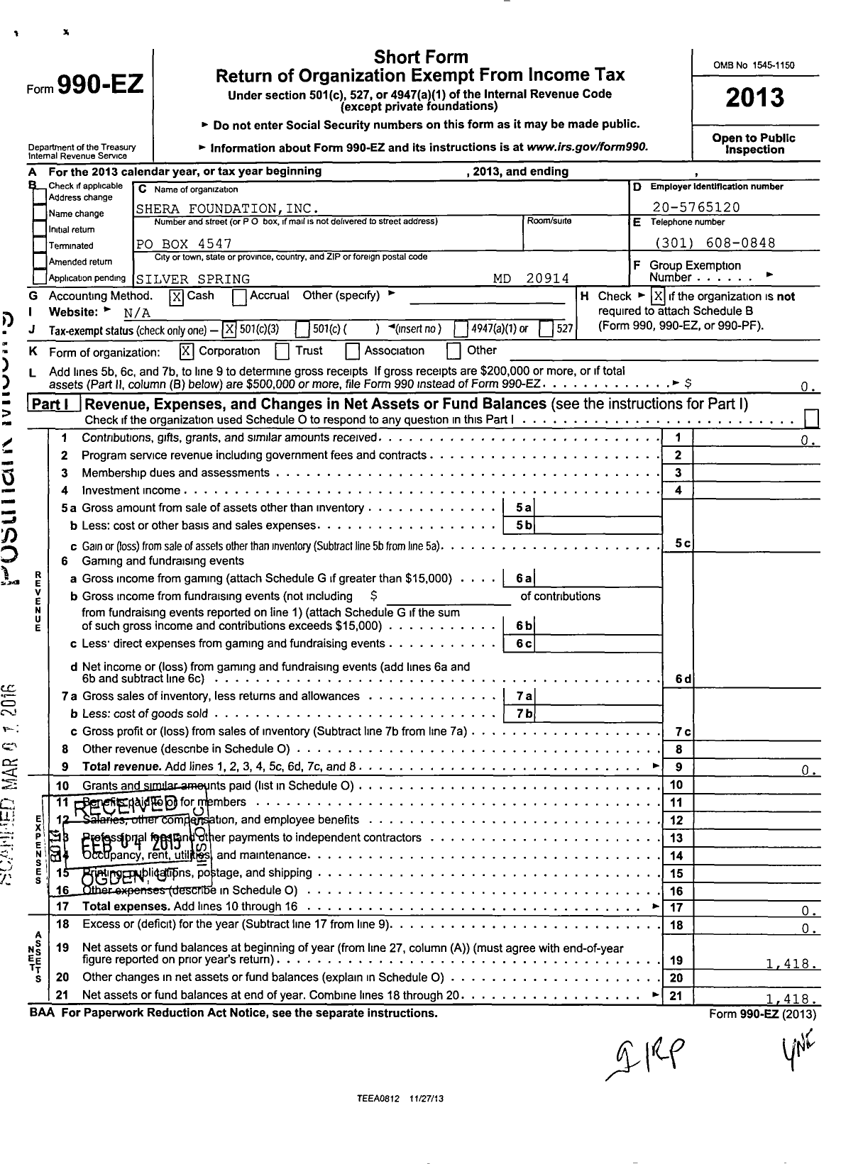 Image of first page of 2013 Form 990EZ for Shera Foundation