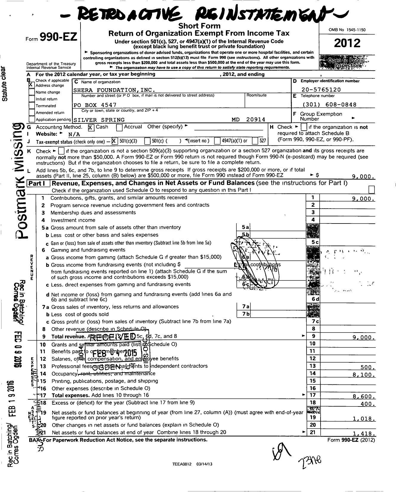 Image of first page of 2012 Form 990EZ for Shera Foundation