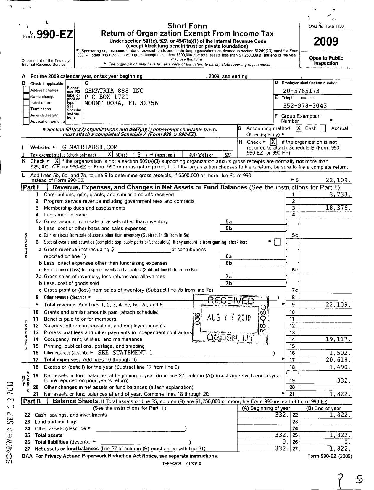 Image of first page of 2009 Form 990EZ for Liteark